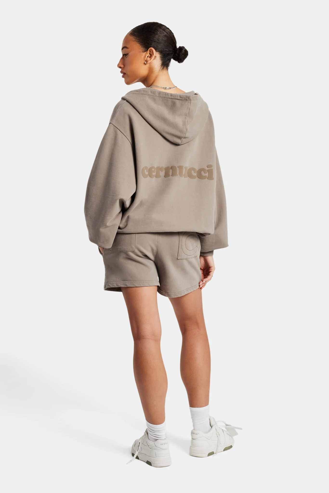 Cernucci Zip Through Hoodie & Short Set - Taupe - Image 2