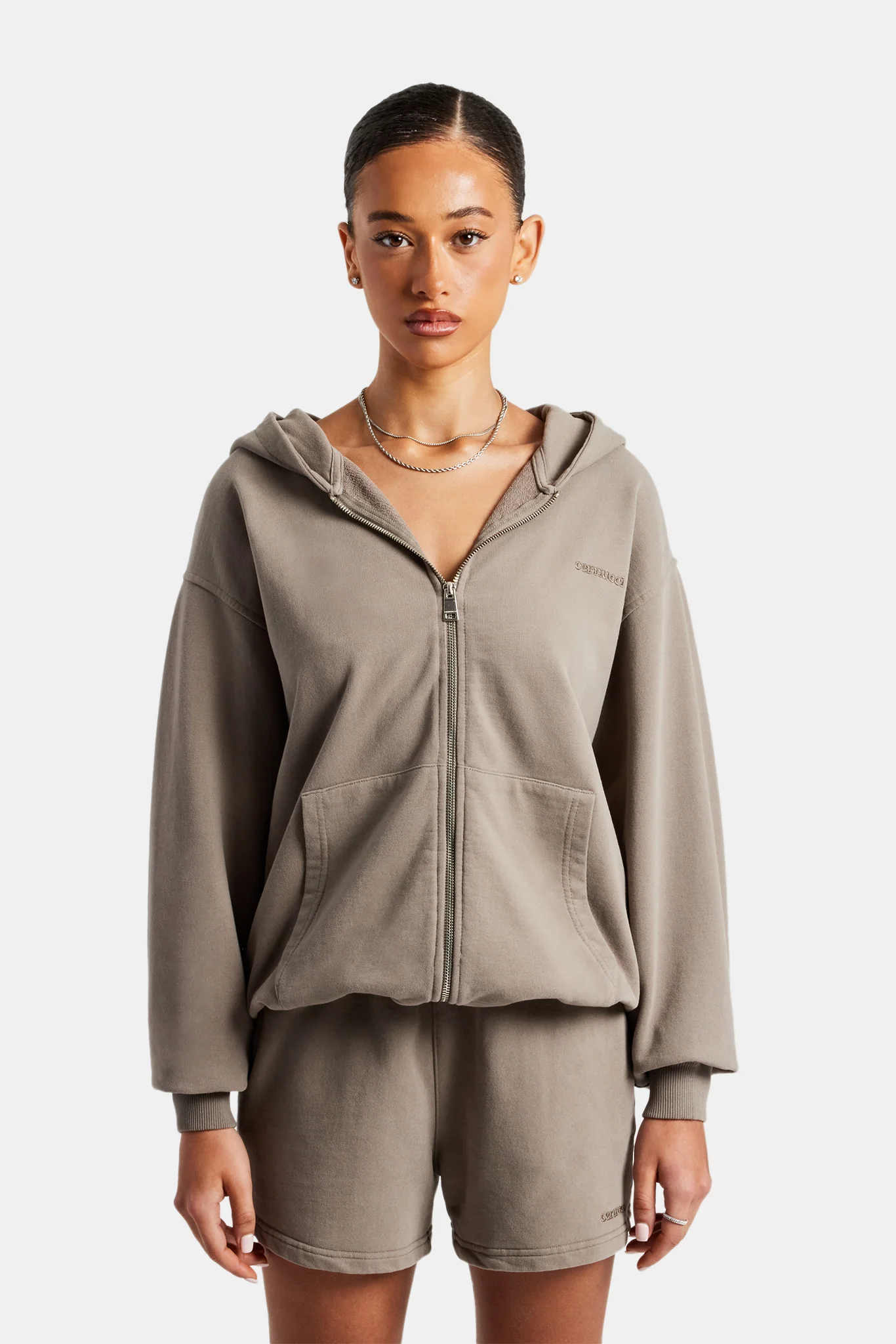 Cernucci Zip Through Hoodie & Short Set - Taupe - Image 4