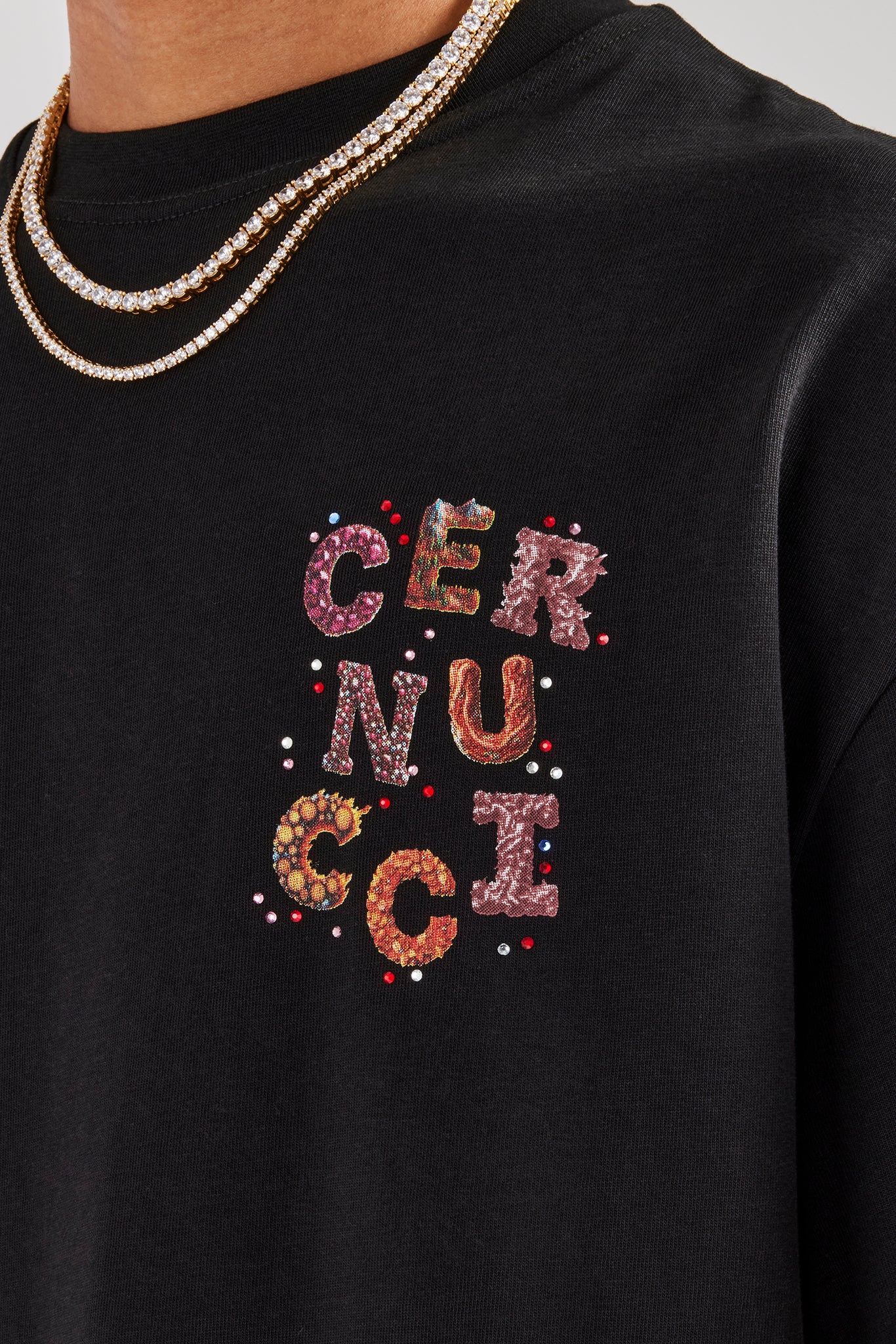 Cernucci Orange Letter Rhinestone Oversized T-Shirt - Black - Image 2