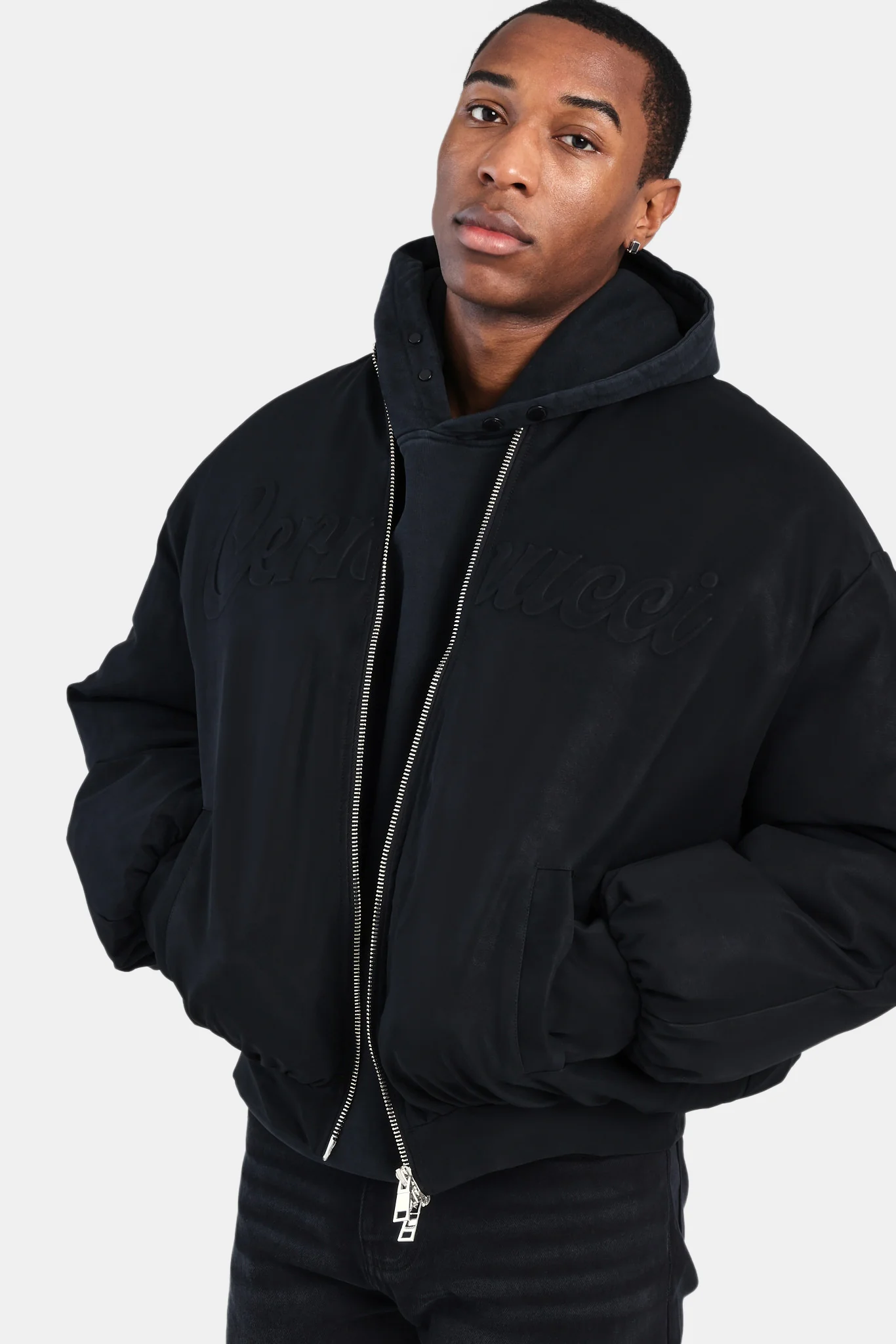 Cernucci PU Puffer Bomber Jacket - Black - Image 2