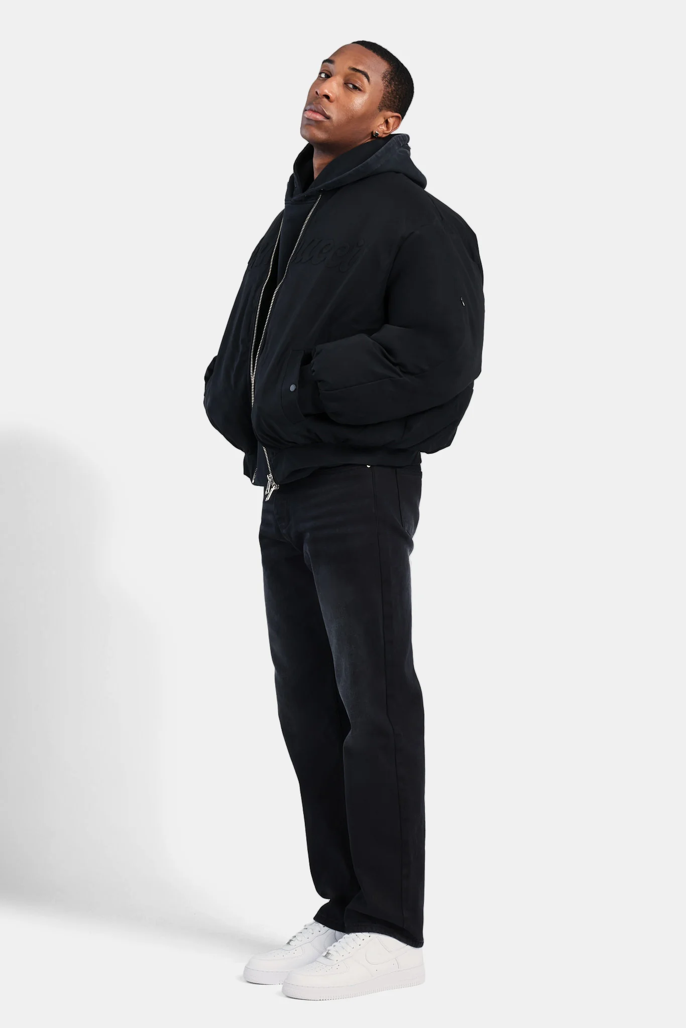 Cernucci PU Puffer Bomber Jacket - Black - Image 3