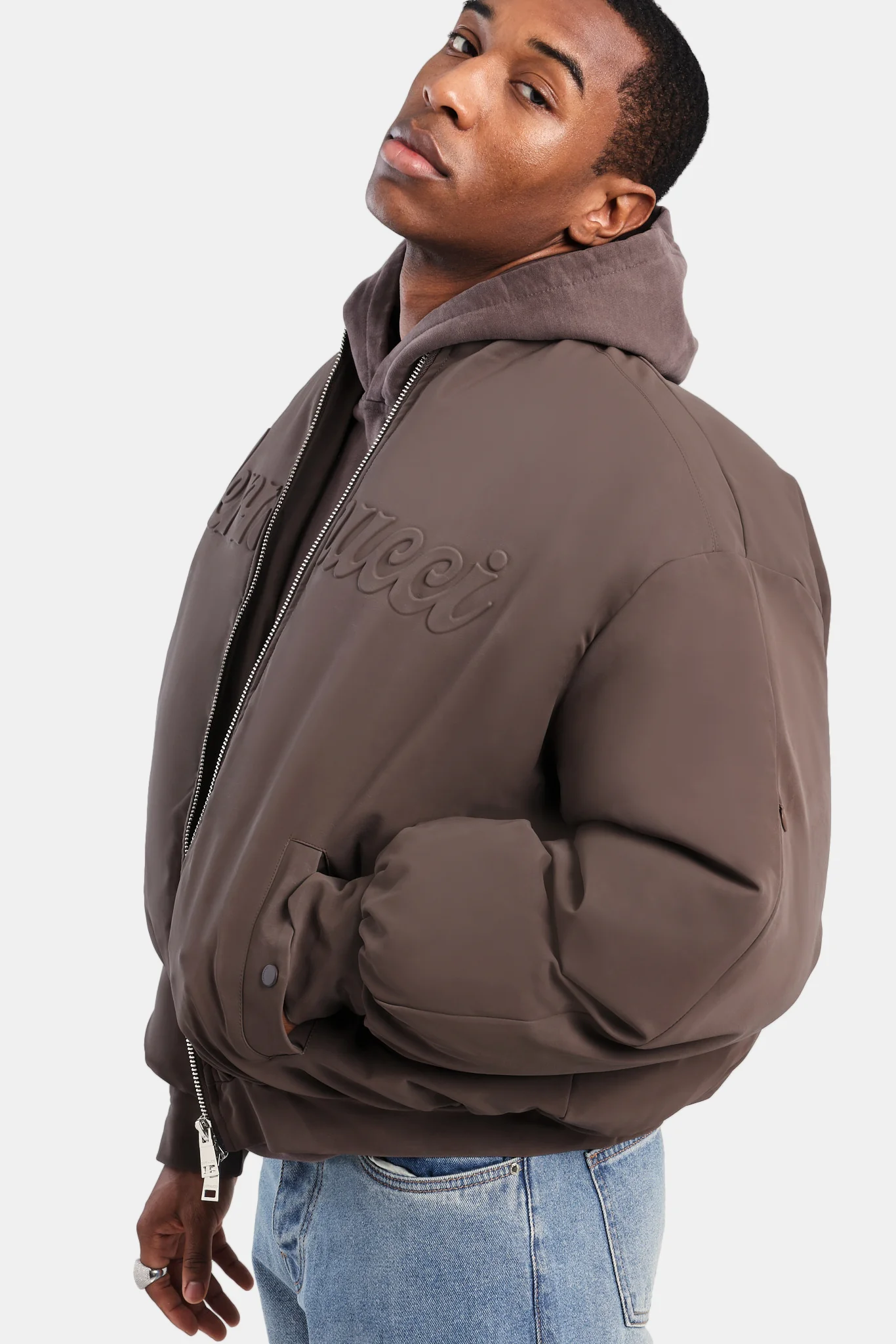 Cernucci PU Puffer Bomber Jacket - Brown - Image 2