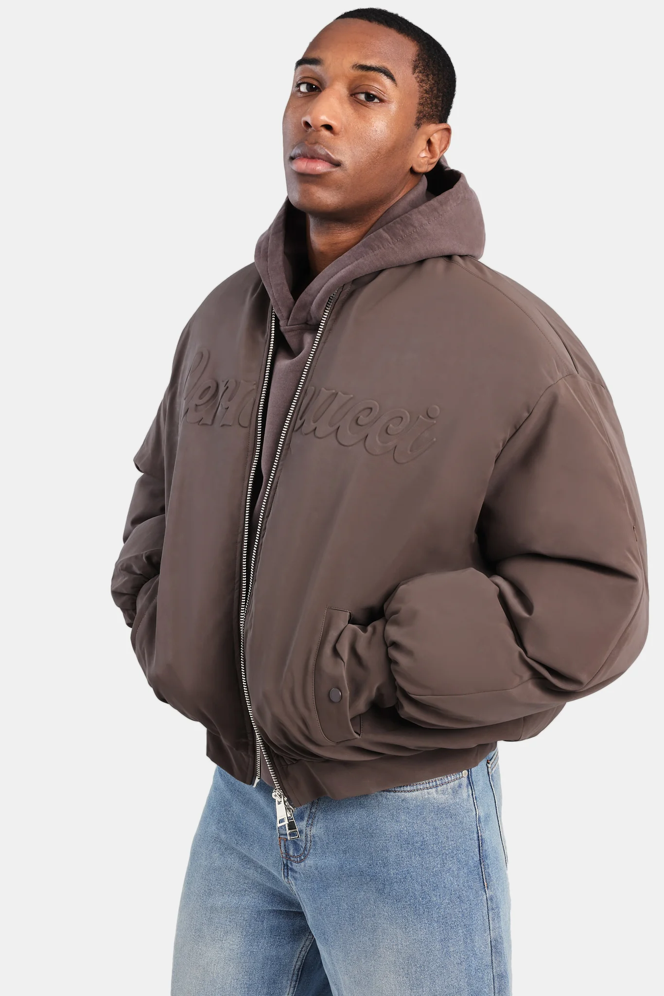 Cernucci PU Puffer Bomber Jacket - Brown - Image 3