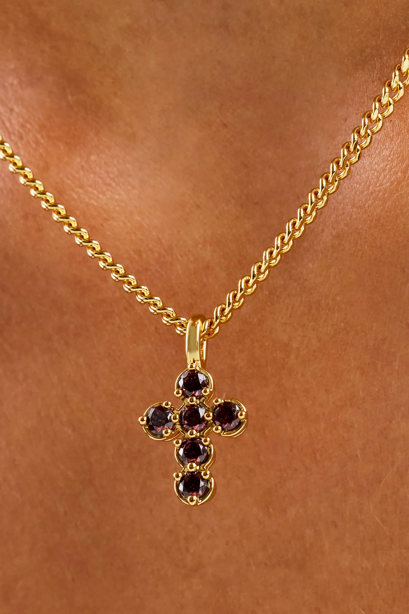 Chocolate CZ Stone Cross Necklace - 2.5mm - Gold - Image 2