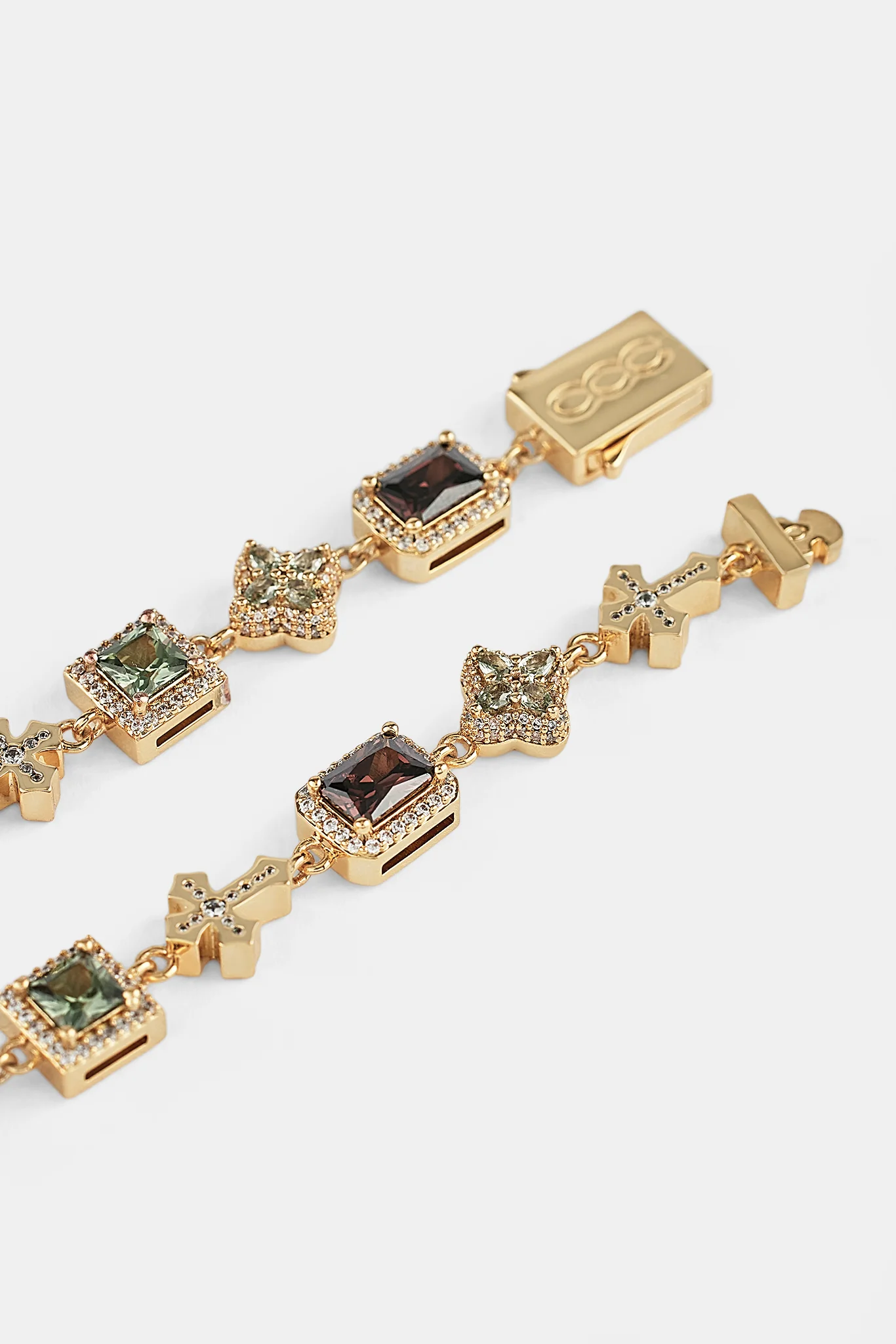 Chocolate Motif & Cross Multi Gemstone Bracelet - 8mm - Gold - Image 3