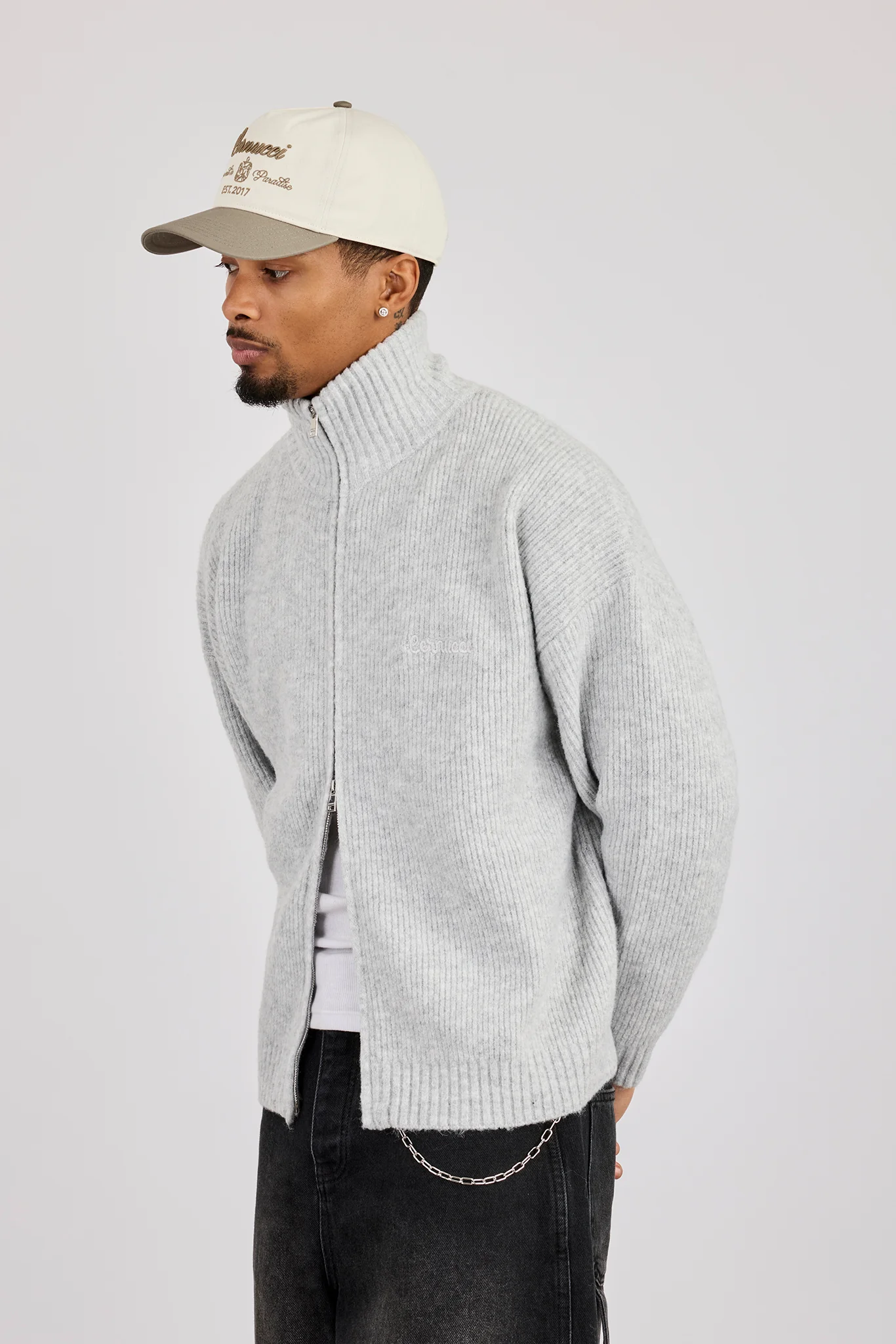 Knitted Funnel Neck Zip Through - Grey
