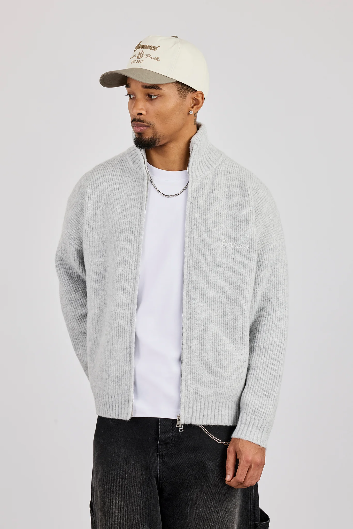 Knitted Funnel Neck Zip Through - Grey - Image 2