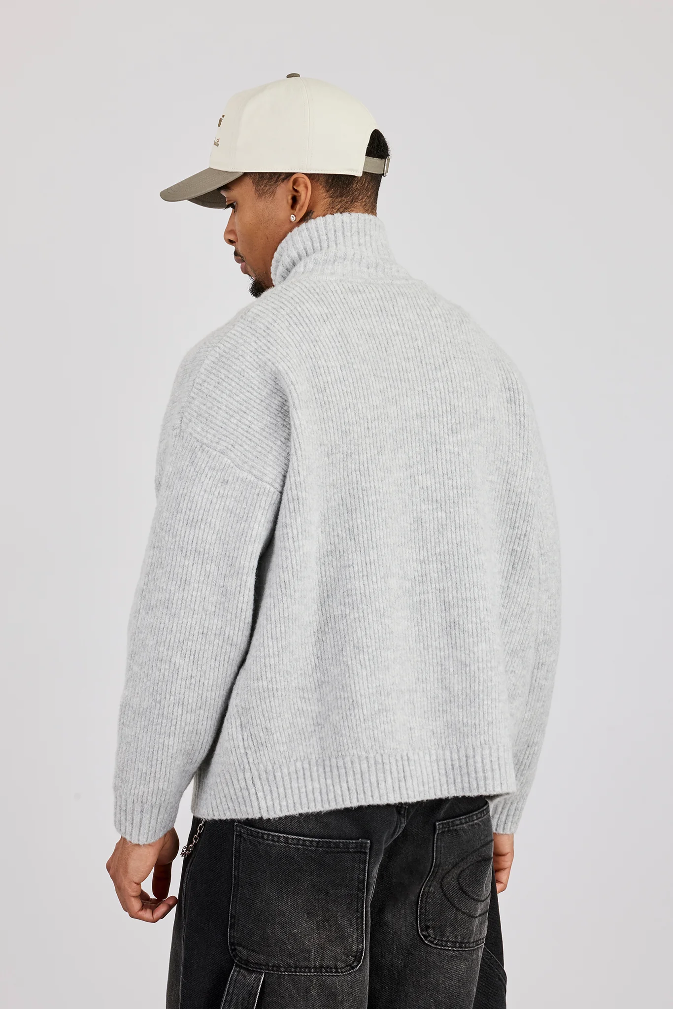Knitted Funnel Neck Zip Through - Grey - Image 3