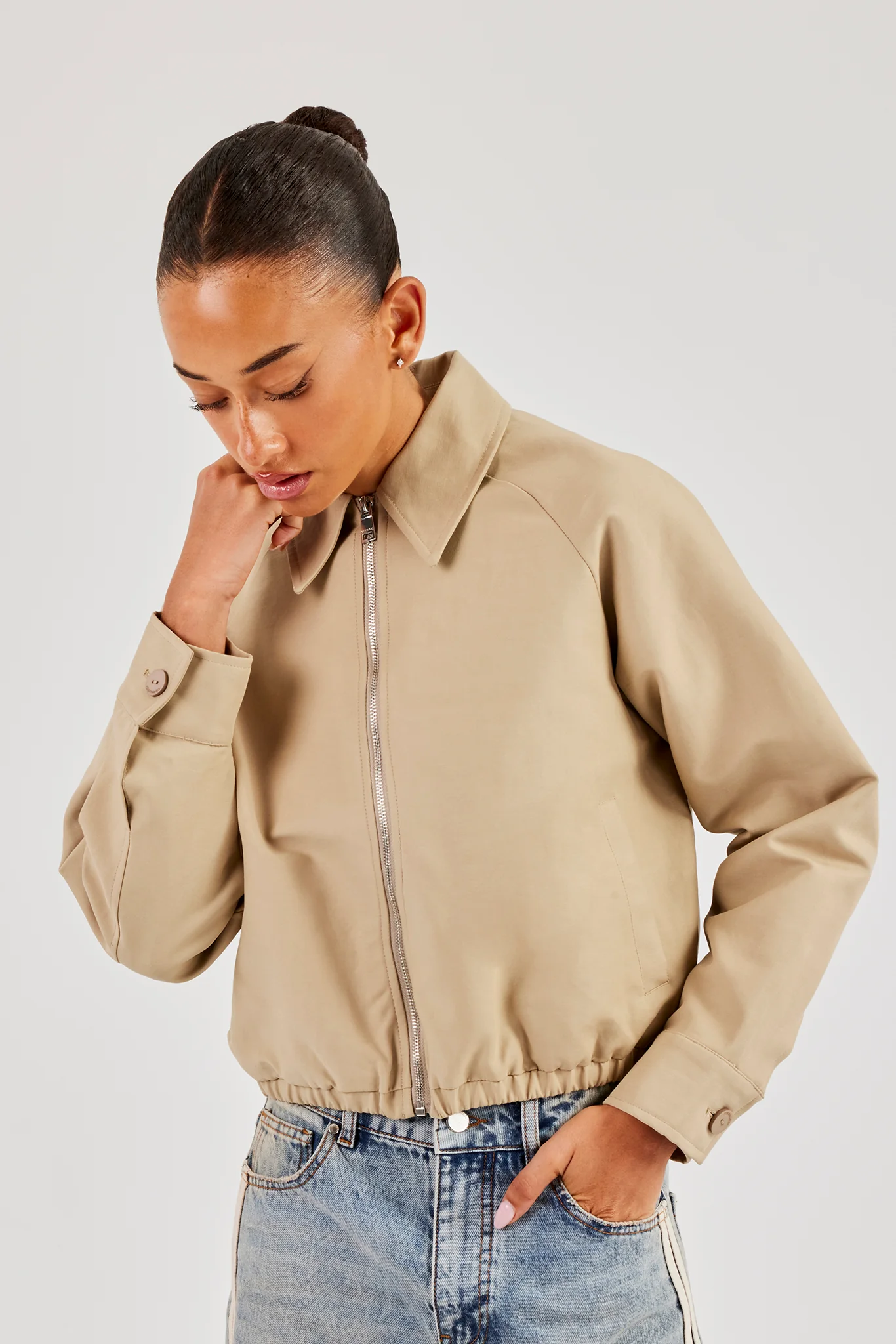Collared Twill Bomber Jacket - Beige - Image 2