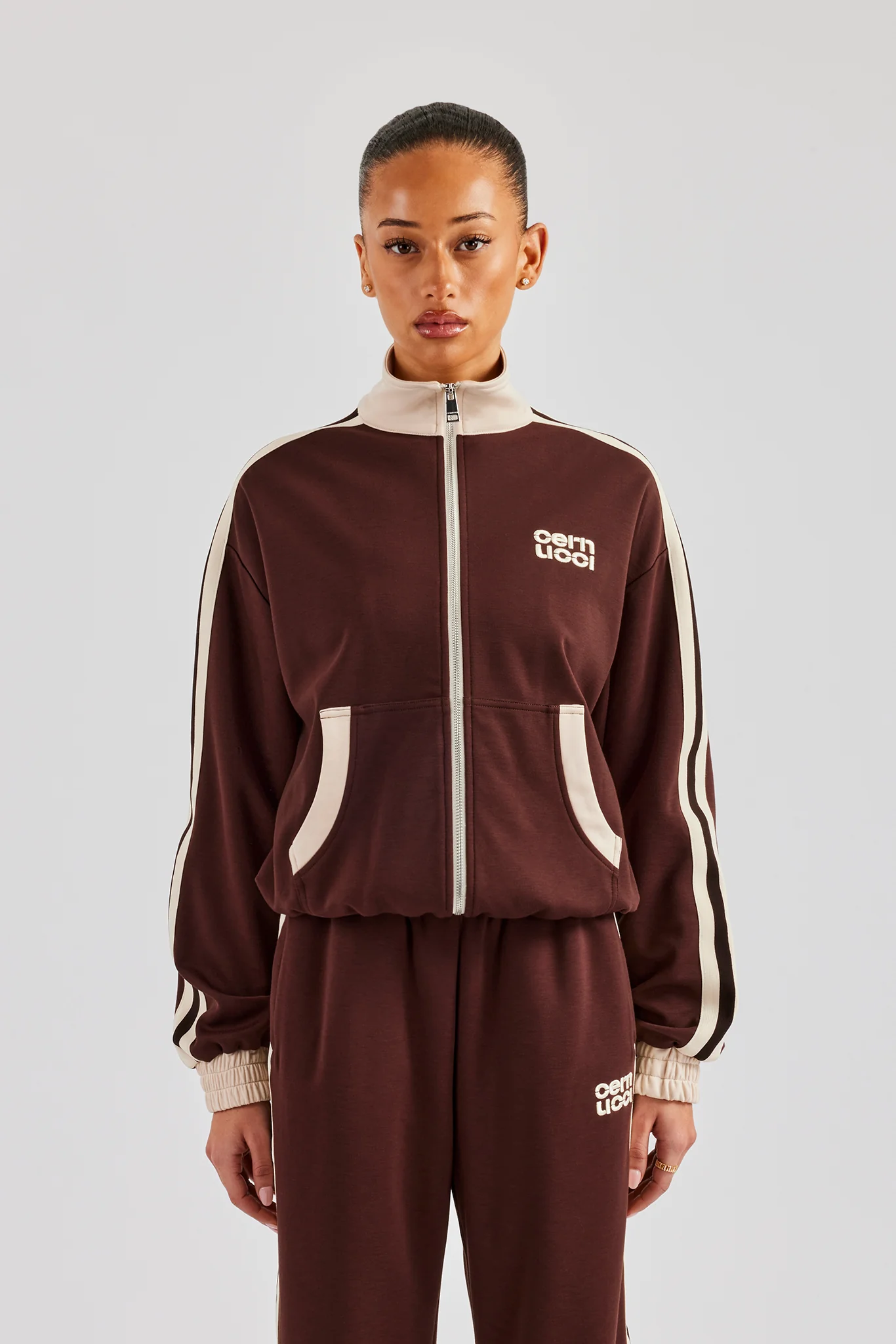 Colour Block Track Jacket - Chocolate - Image 4