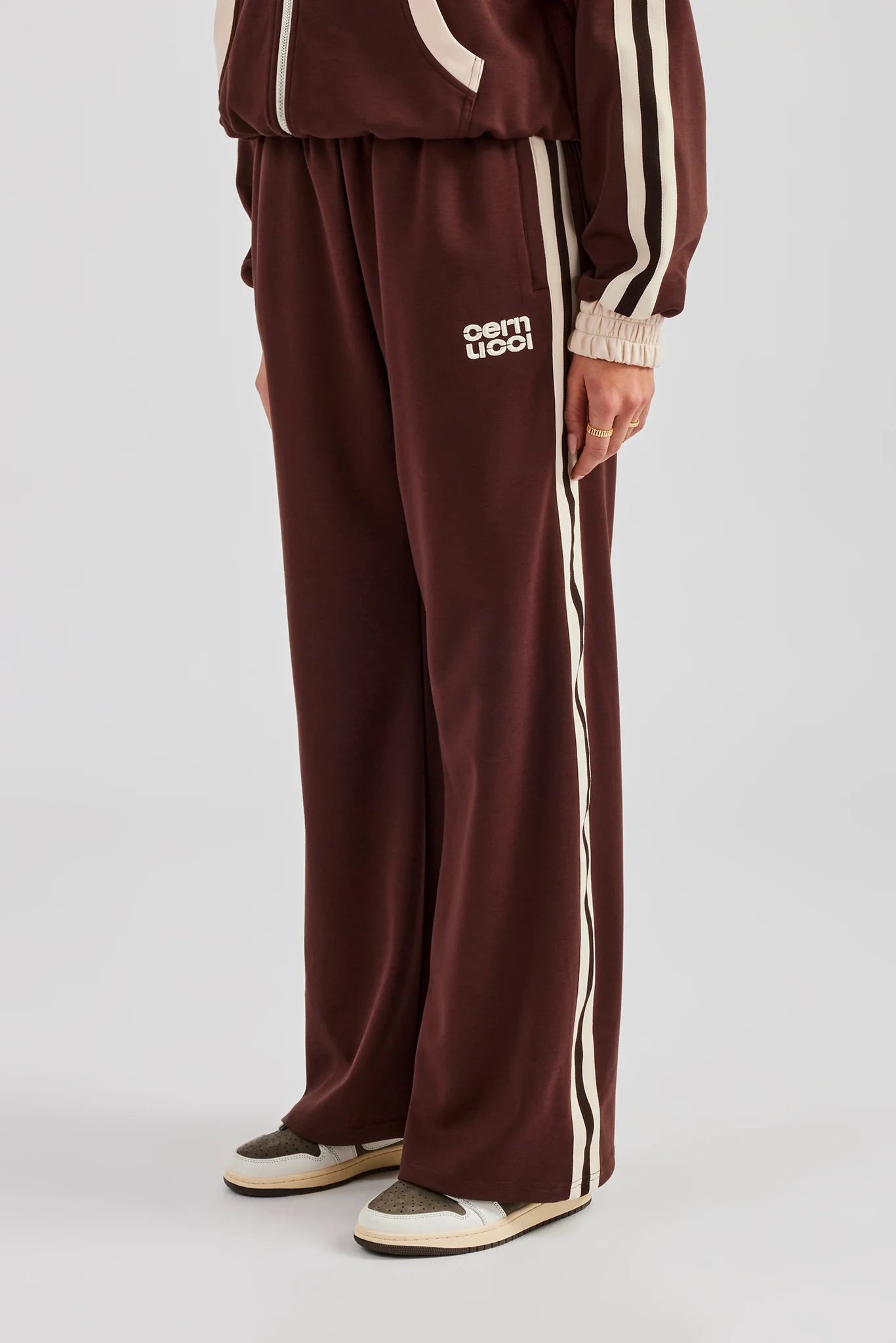 Colour Block Wide Leg Track Pant - Chocolate