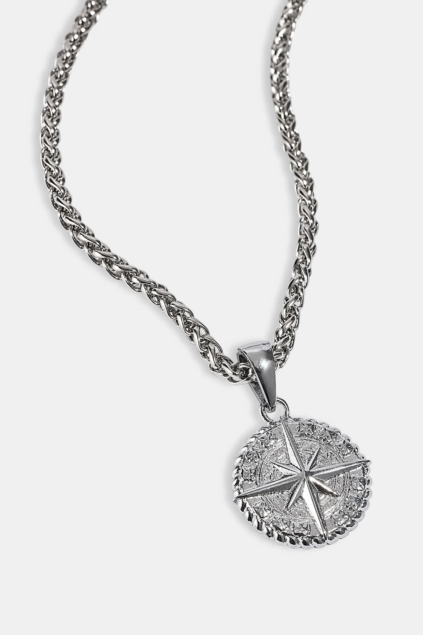 Compass Pendant & 3mm Polished Wheat Link Necklace - White - Image 2
