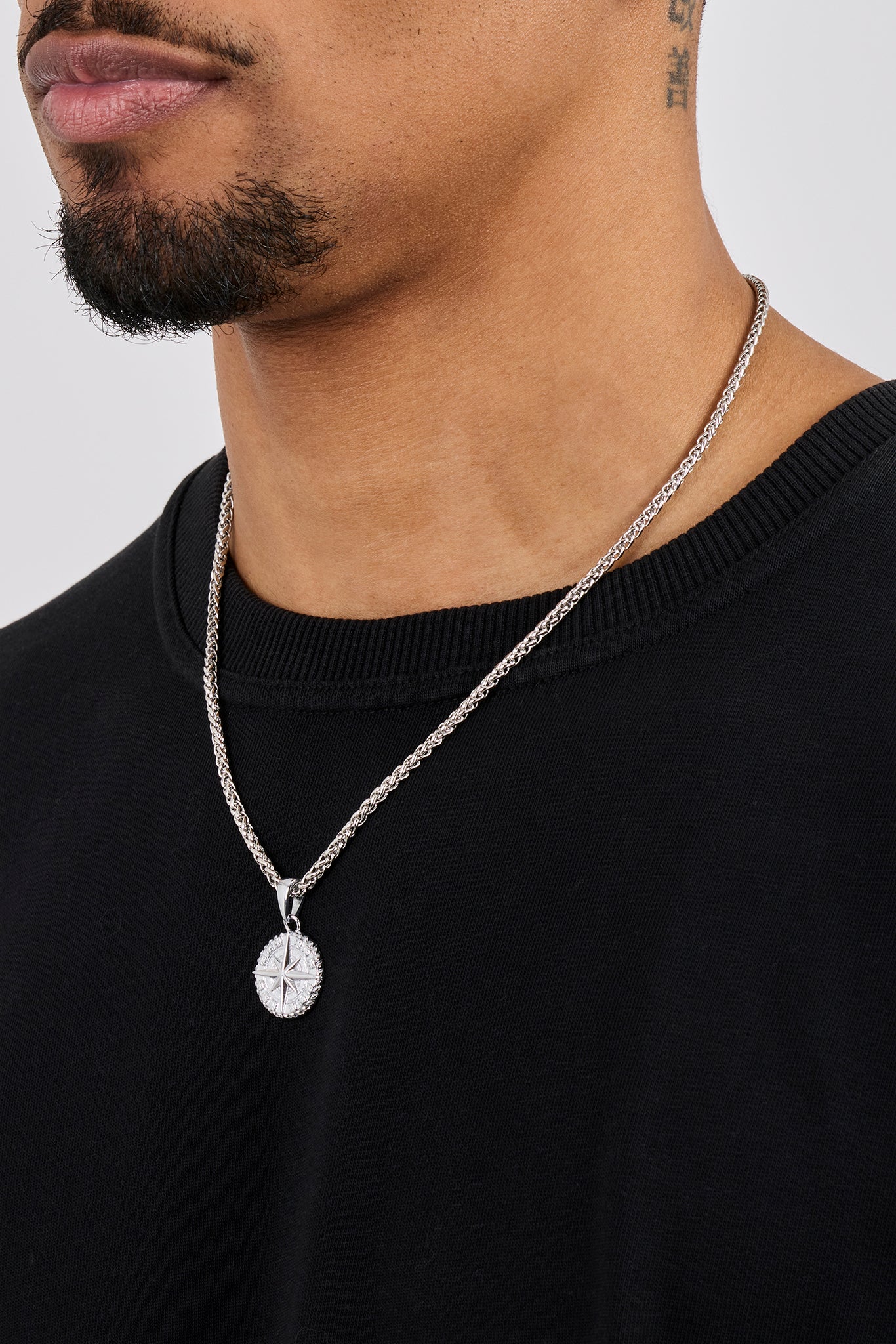 Compass Pendant & 3mm Polished Wheat Link Necklace - White - Image 3