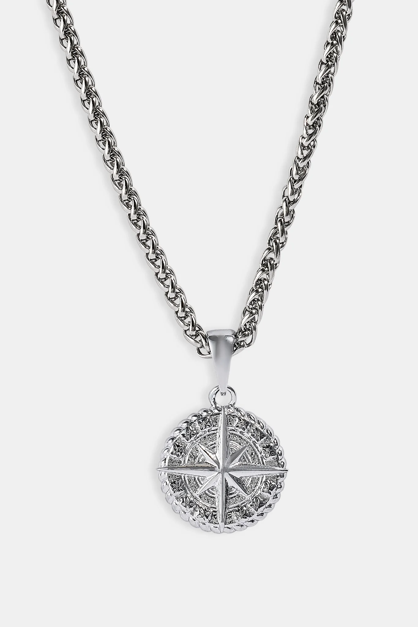 Compass Pendant & 3mm Polished Wheat Link Necklace - White - Image 4