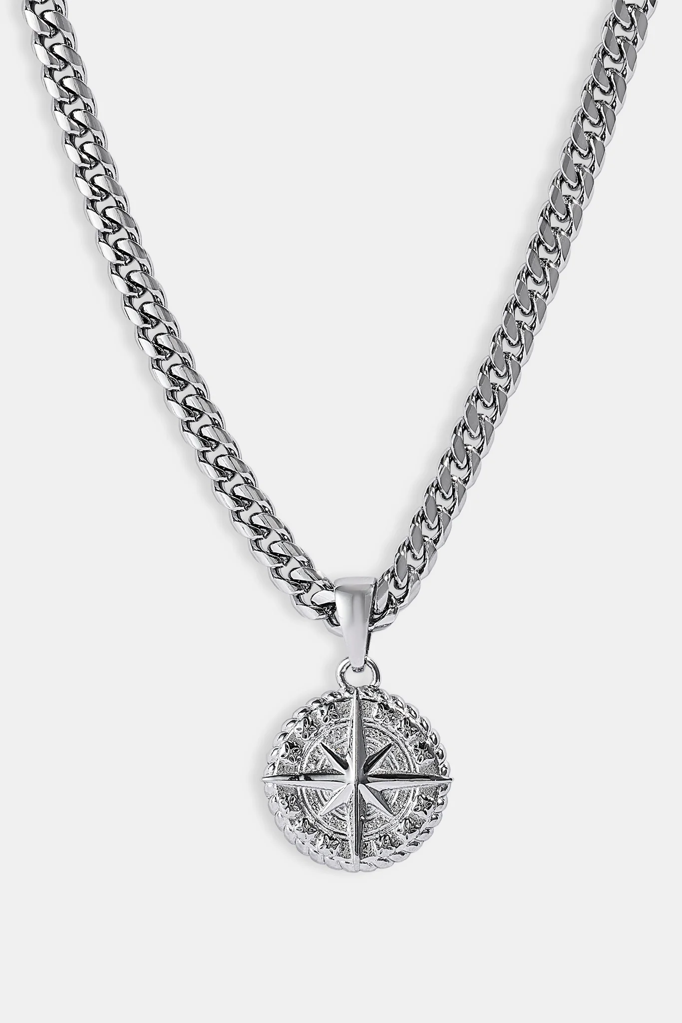 Compass Pendant & 5mm Miami Cuban Necklace - White - Image 2