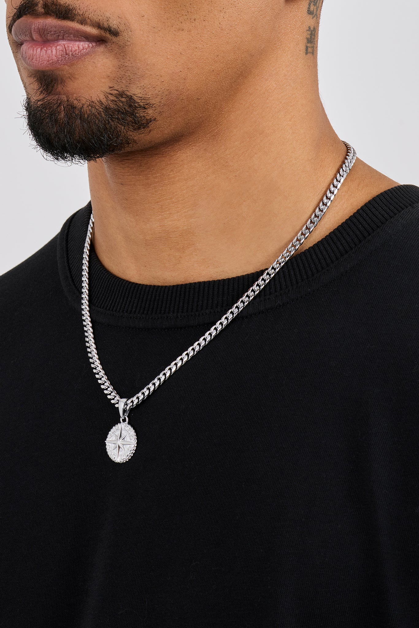 Compass Pendant & 5mm Miami Cuban Necklace - White - Image 3