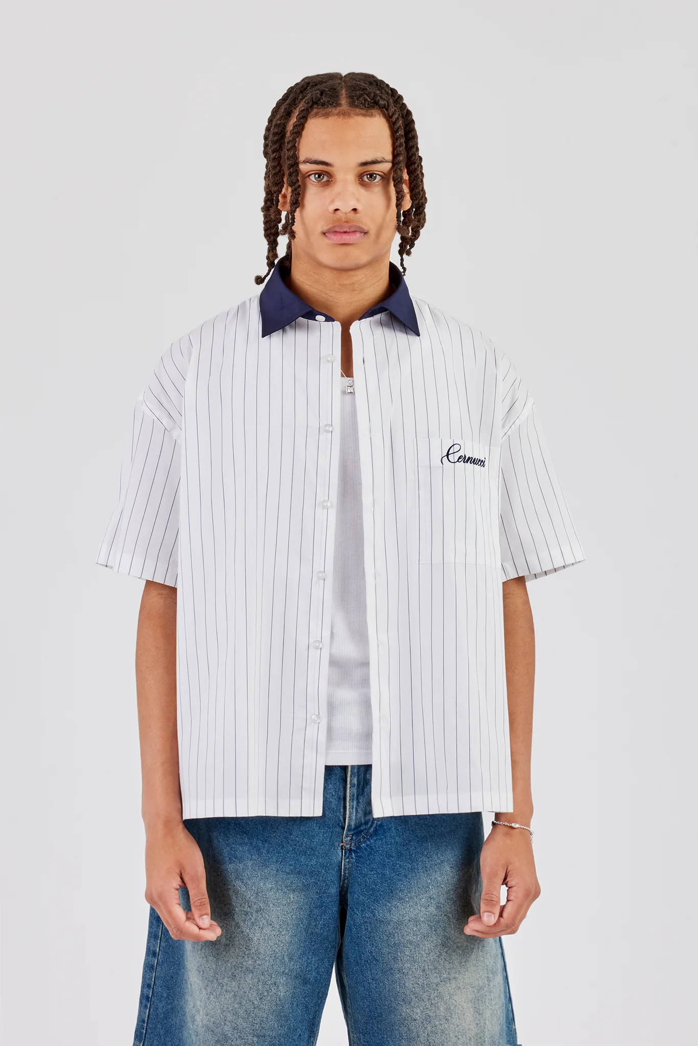 Contrast Collar Short Sleeve Stripe Shirt - Navy - Image 3