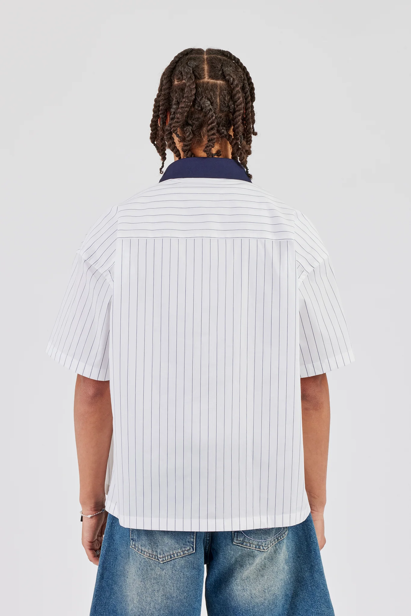 Contrast Collar Short Sleeve Stripe Shirt - Navy - Image 5
