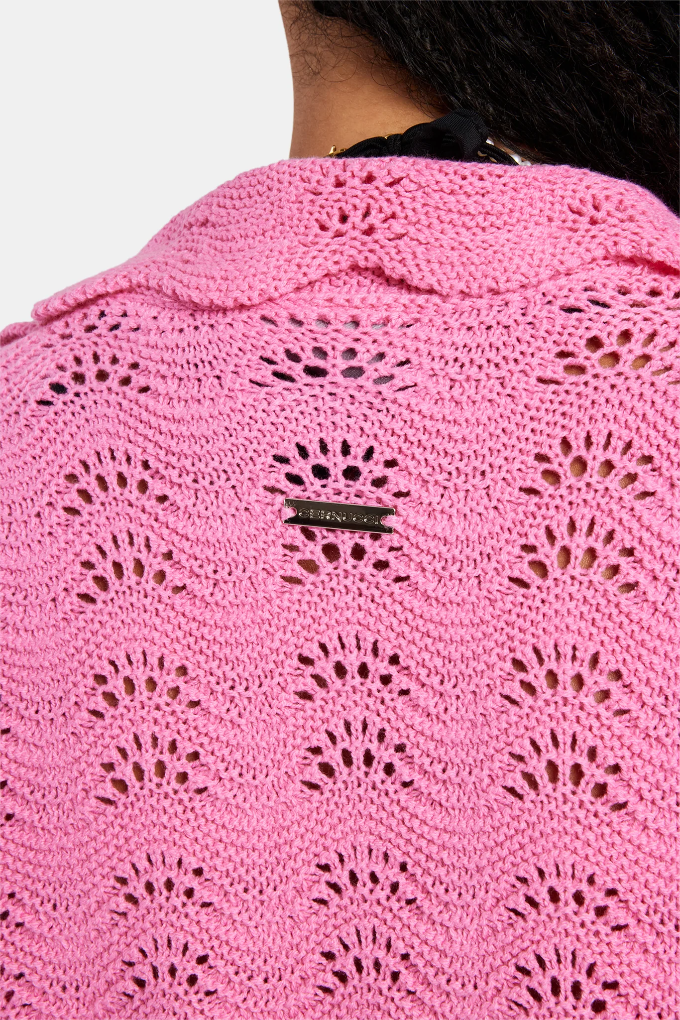 Contrast Crochet Knitted Shirt - Pink - Image 3