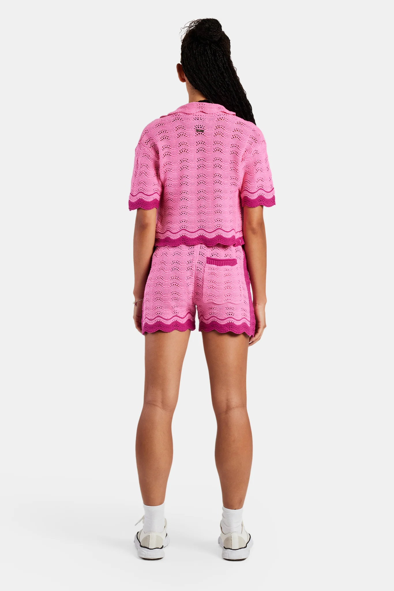 Contrast Crochet Knitted Shirt - Pink - Image 4