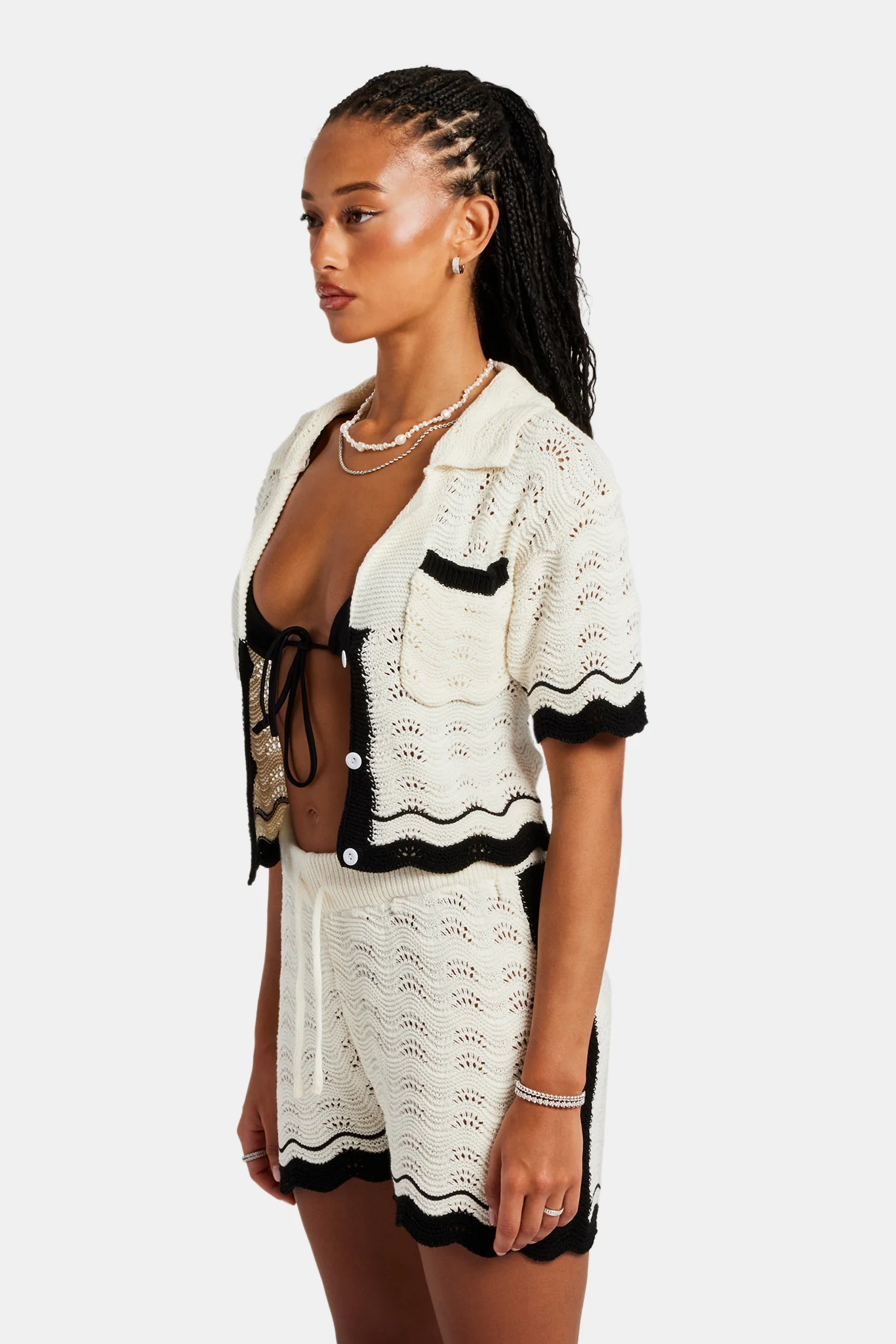 Contrast Crochet Knitted Shirt  & Short Set - Off White - Image 5