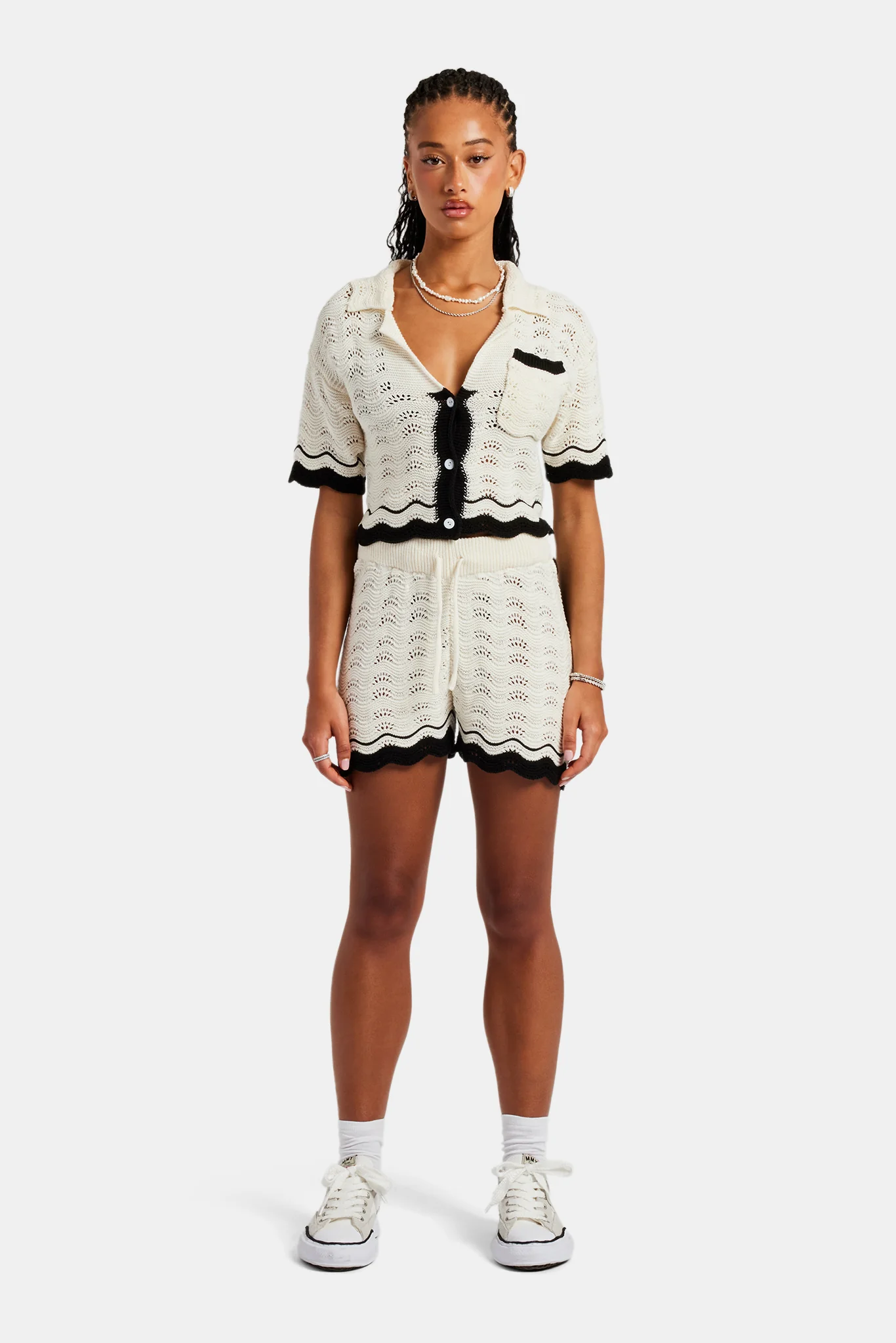 Contrast Crochet Knitted Shirt  & Short Set - Off White - Image 6