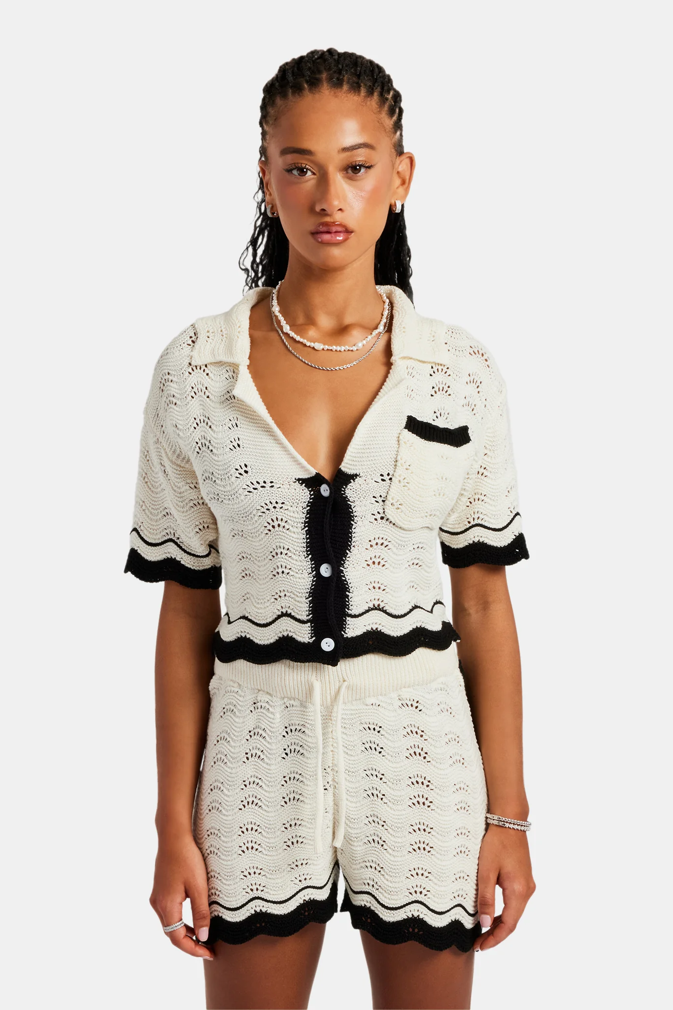 Contrast Crochet Knitted Shirt  & Short Set - Off White - Image 8