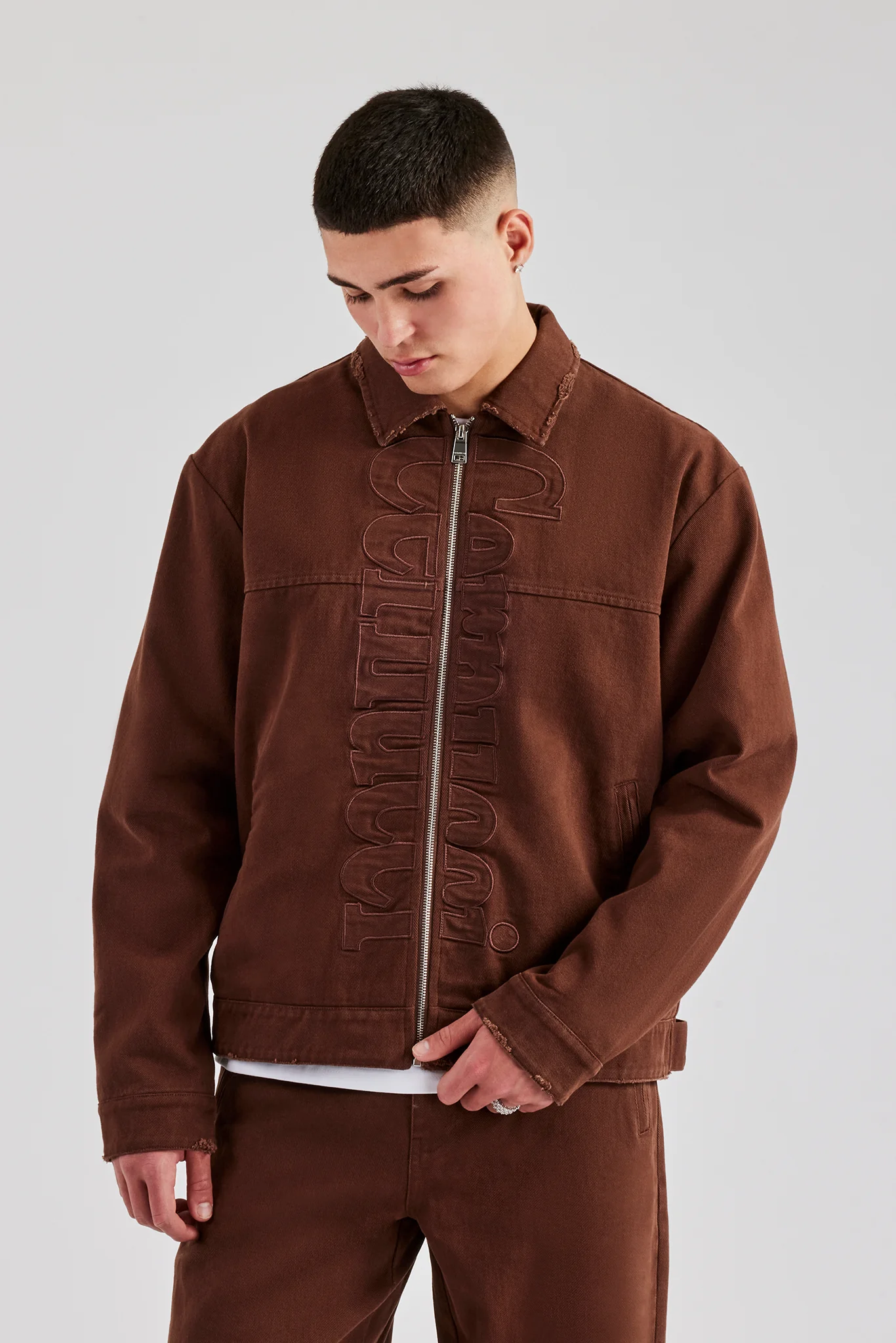 Contrast Logo Twill Harrington Jacket - Chocolate - Image 4