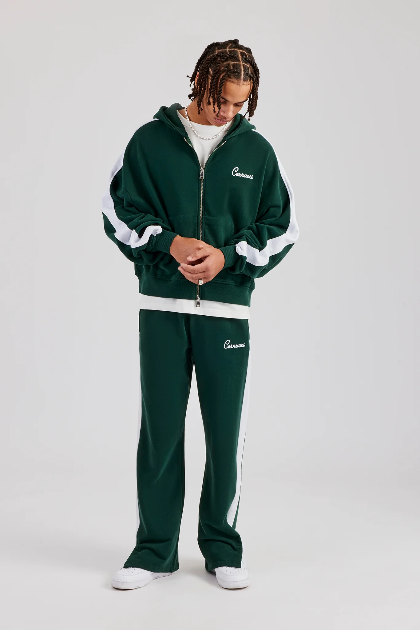 Contrast Panel Boxy Zip Through Hoodie - Forest Green - Image 4