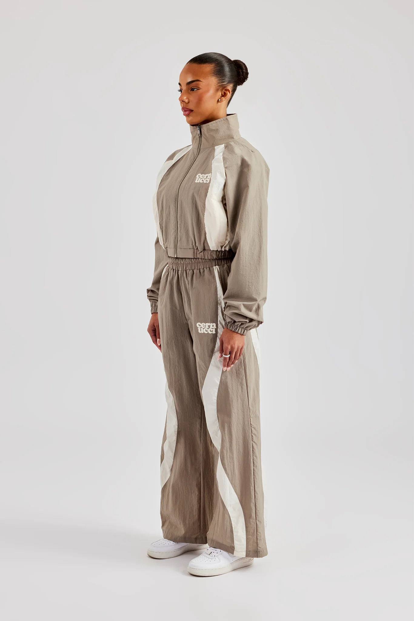 Contrast Panel Nylon Wide Leg Trouser - Khaki - Image 2