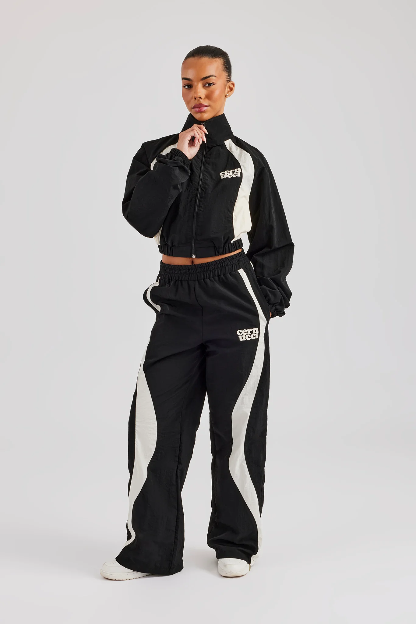 Contrast Panel Nylon Zip Through Tracksuit - Black - Image 2