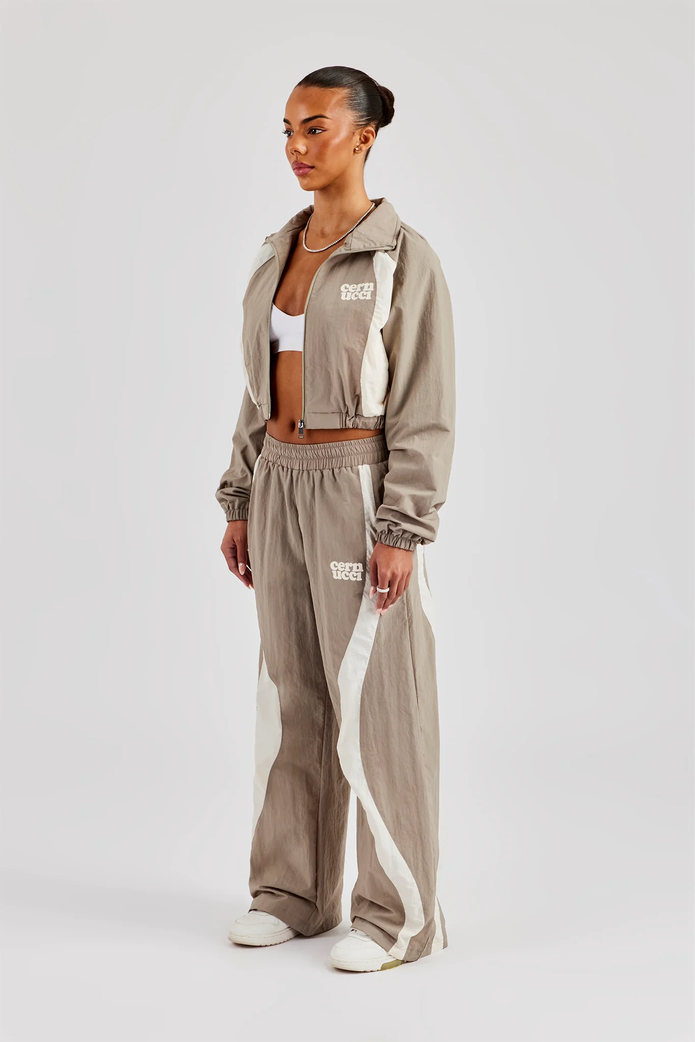 Contrast Panel Nylon Zip Through Tracksuit - Khaki - Image 3