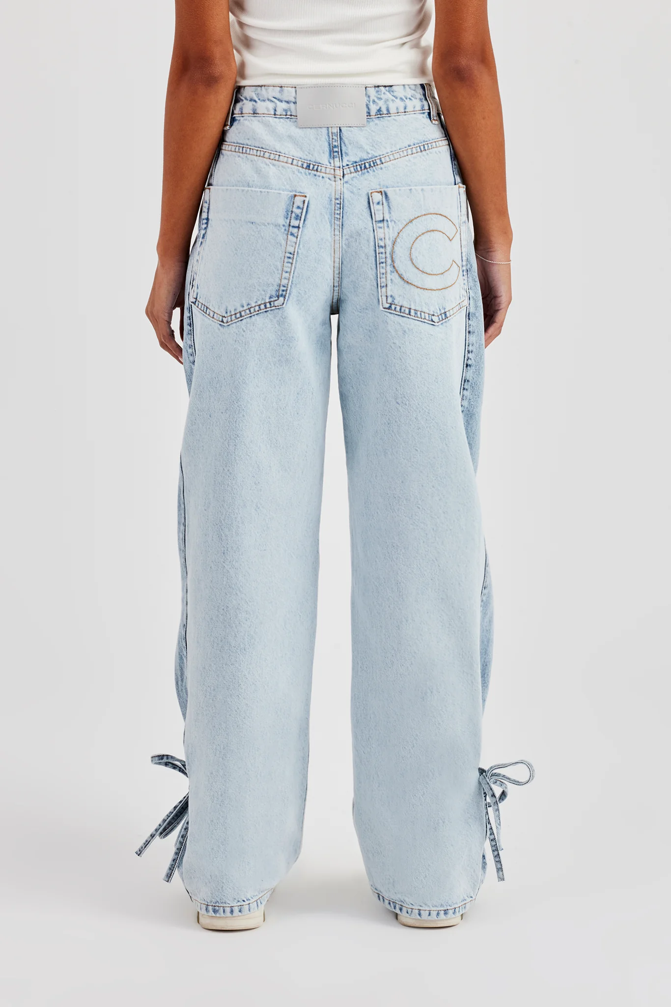 Contrast Panel Tie Bottom Baggy Jean - Ice Blue - Image 3