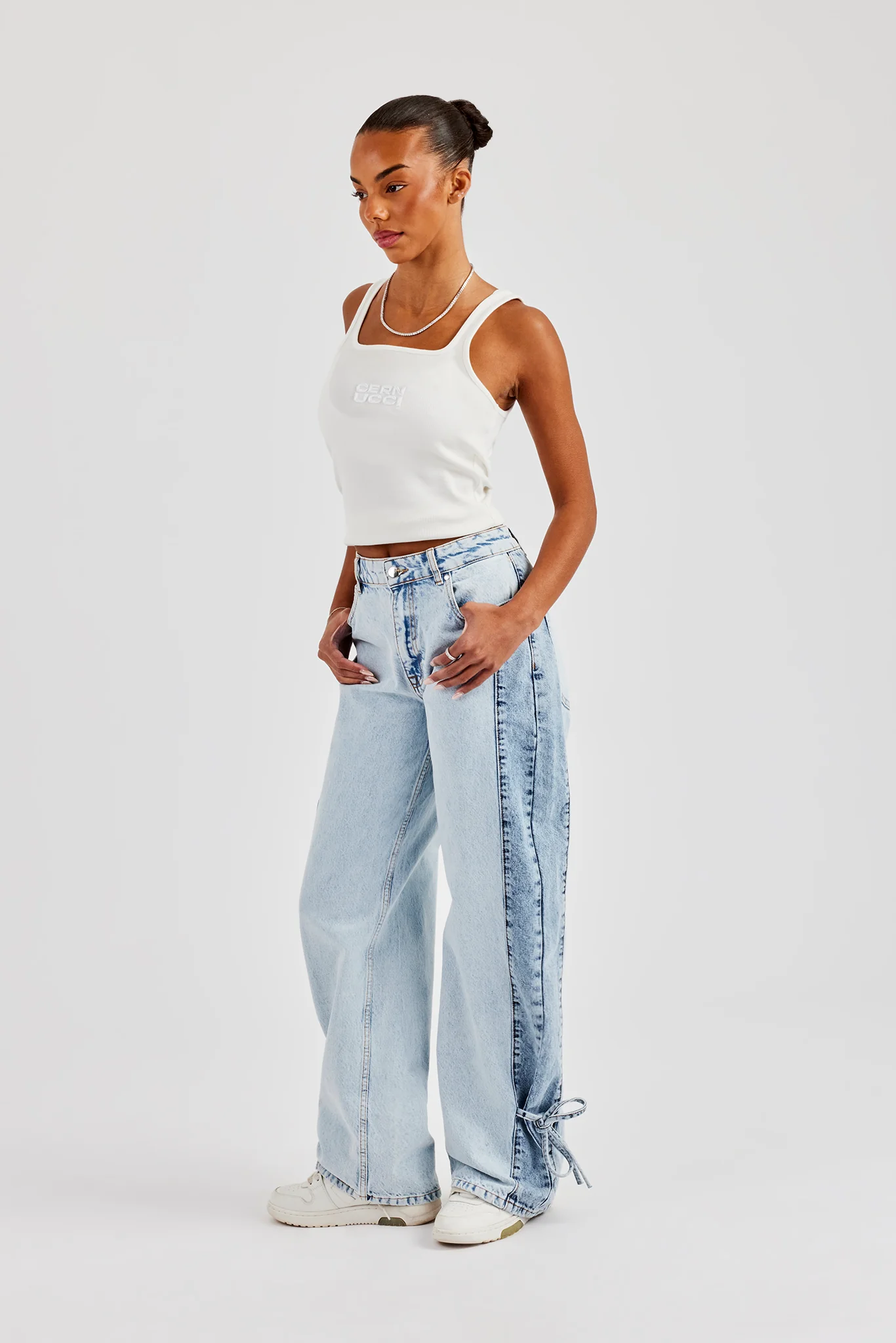 Contrast Panel Tie Bottom Baggy Jean - Ice Blue - Image 5