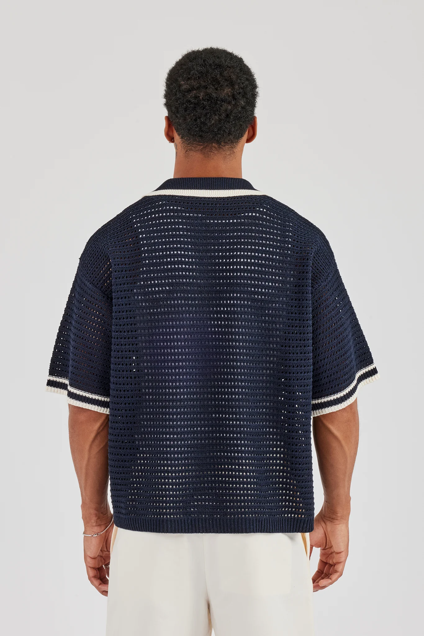 Contrast Rib Knit Polo - Navy - Image 4