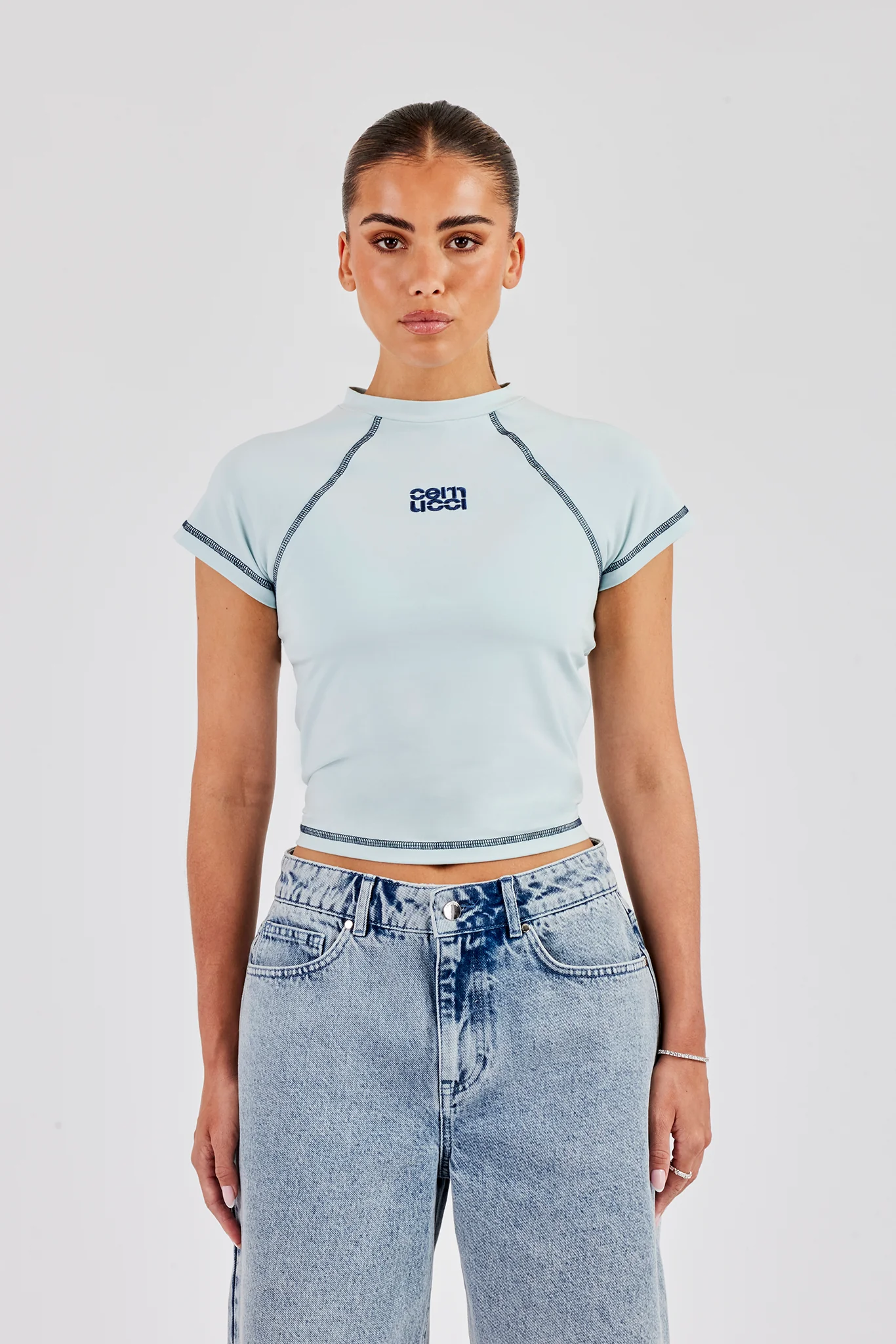 Contrast Stitch Cap Sleeve Tee - Baby Blue - Image 2