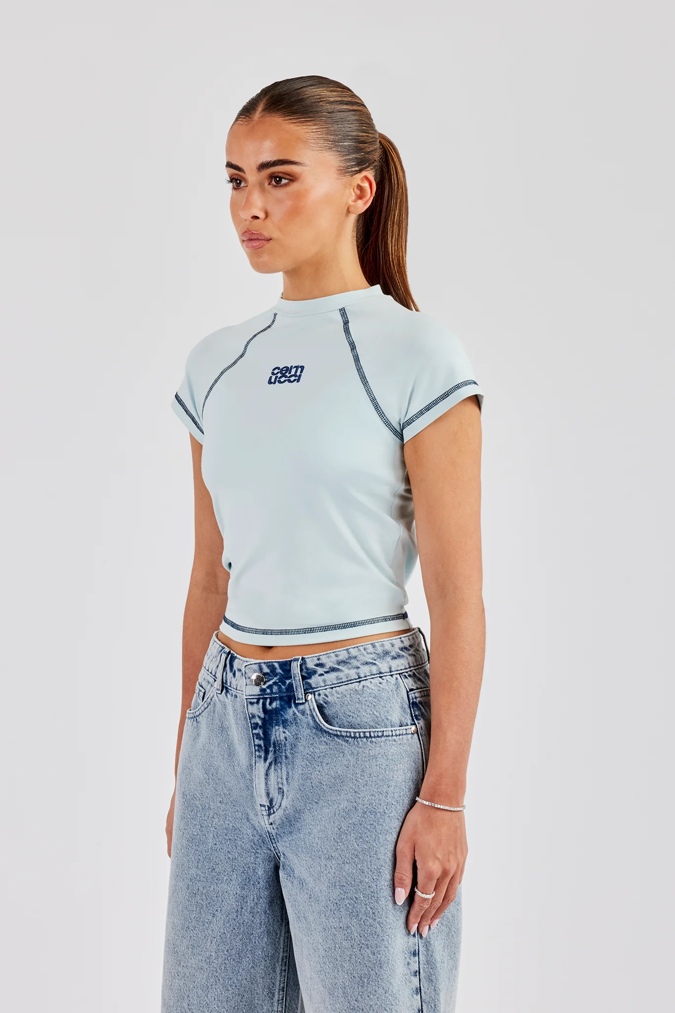 Contrast Stitch Cap Sleeve Tee - Baby Blue - Image 4