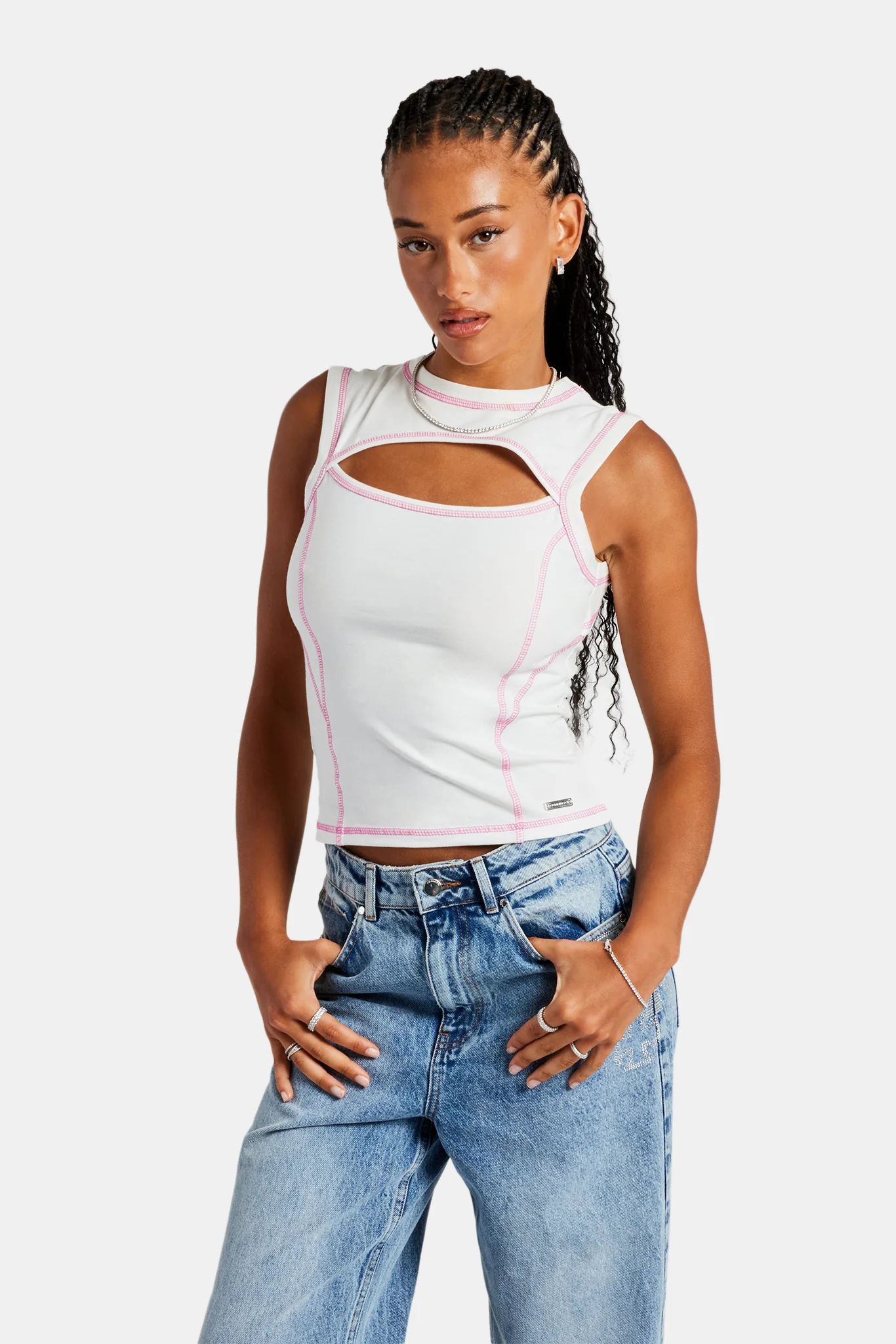 Contrast Stitch Cut Out Top - Off White - Image 3