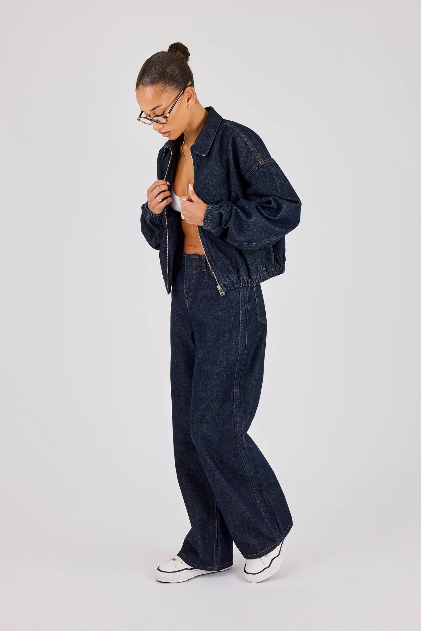 Contrast Stitch Denim Collared Bomber & Denim Jean - Indigo - Image 4