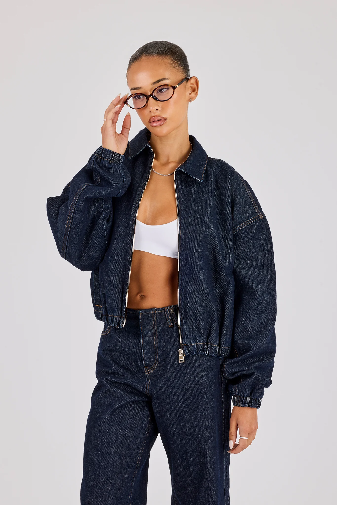 Contrast Stitch Denim Collared Bomber - Indigo