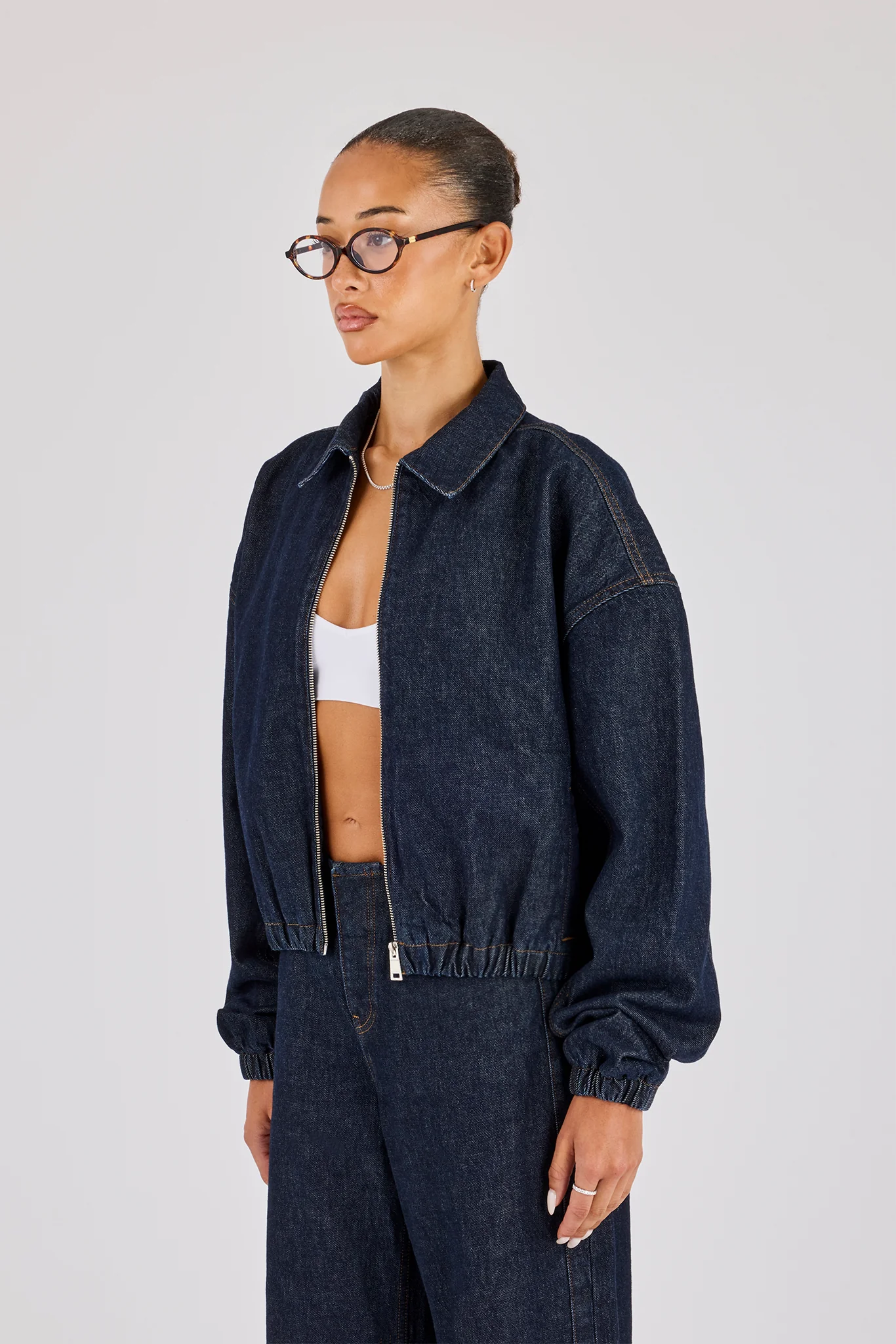 Contrast Stitch Denim Collared Bomber - Indigo - Image 2