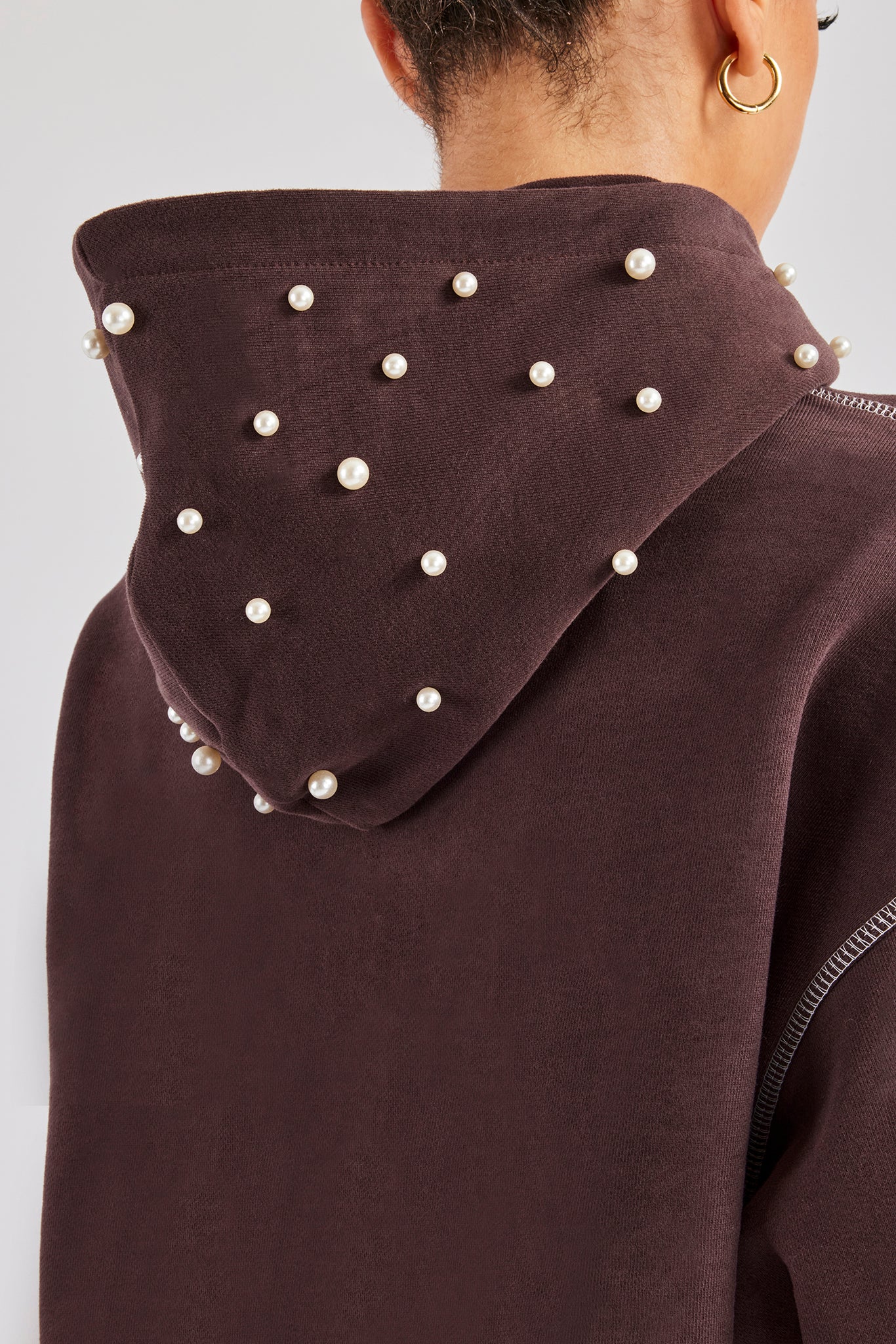Contrast Stitch Pearl Hoodie - Chocolate - Image 4