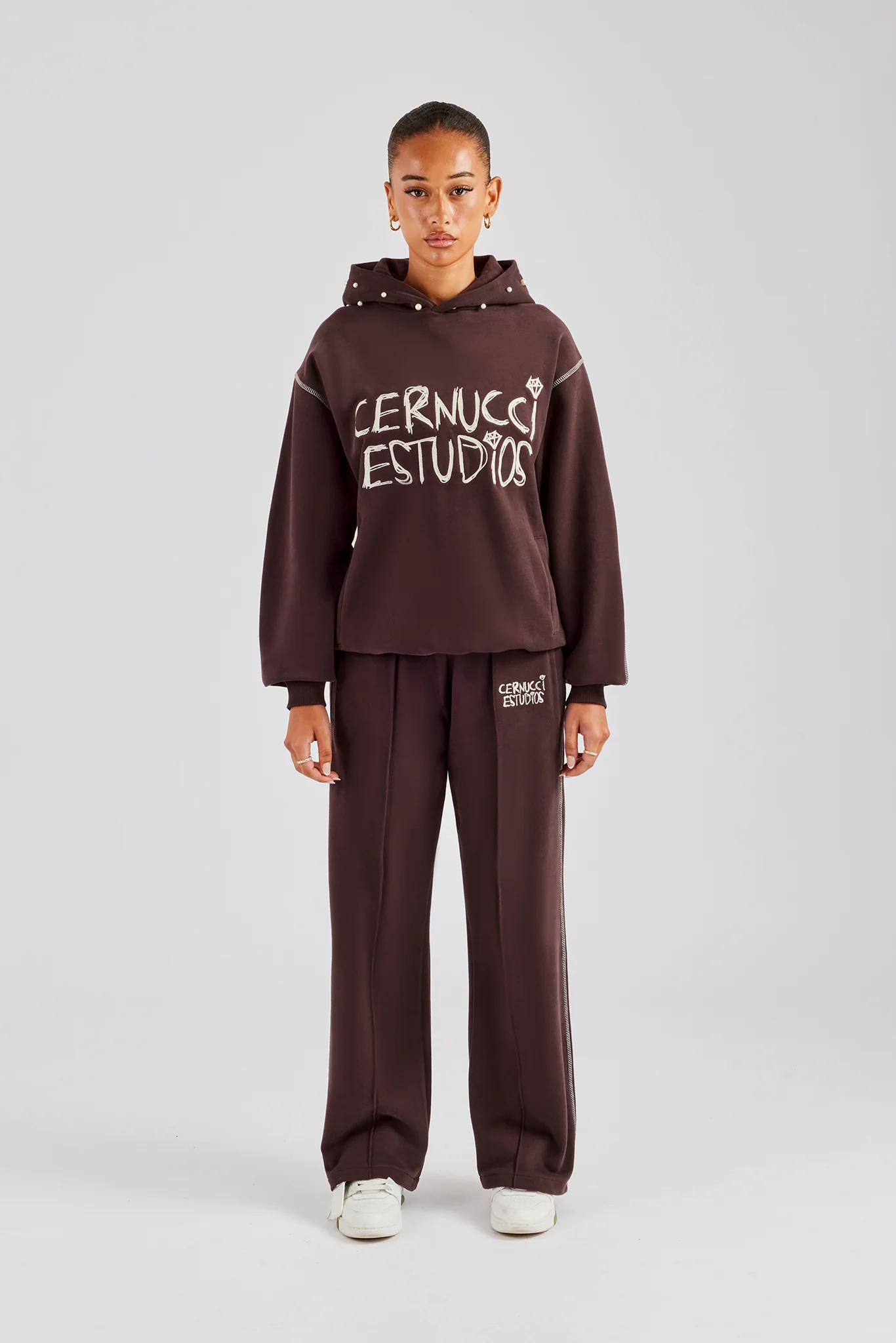 Contrast Stitch Pearl Tracksuit - Chocolate - Image 2