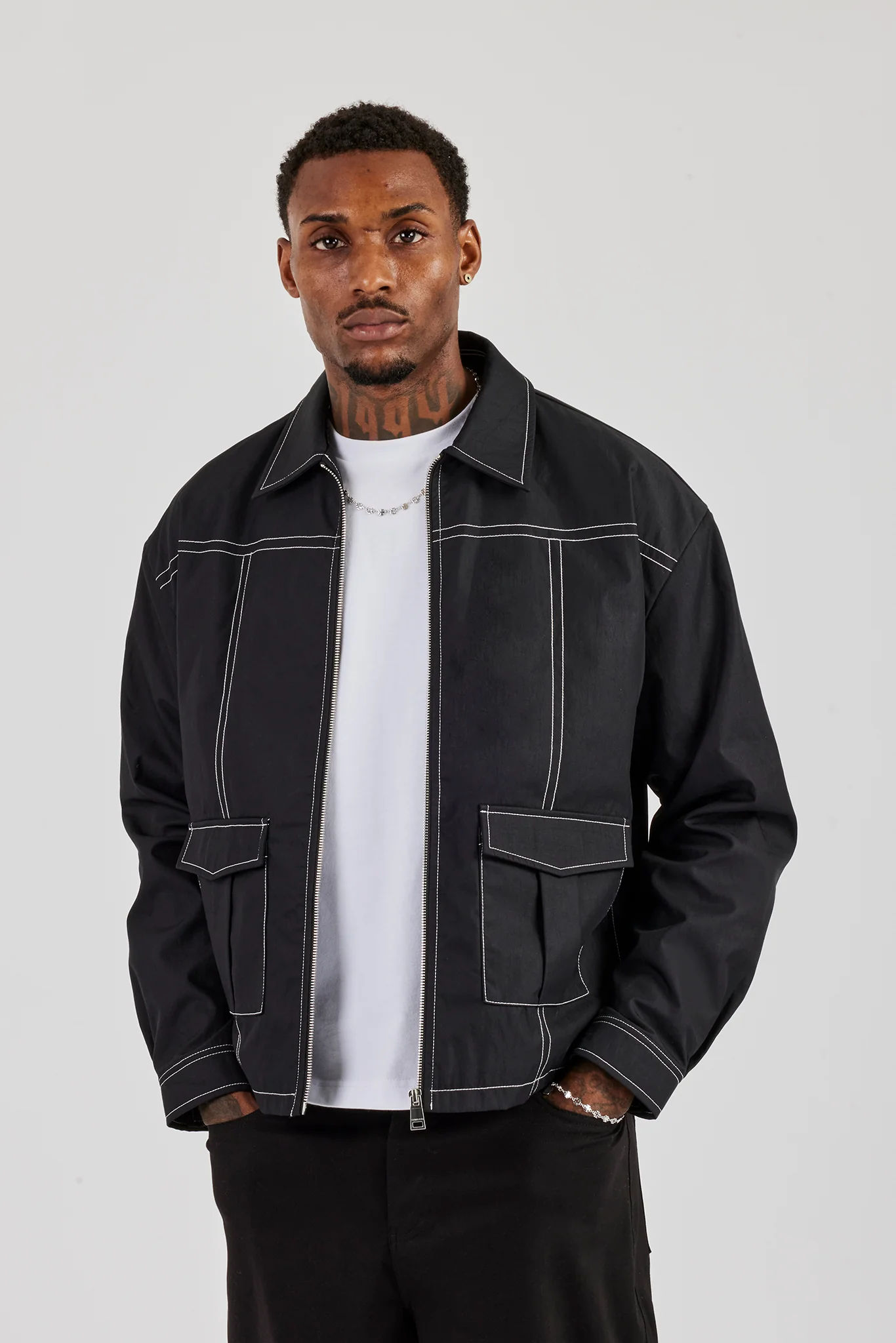 Contrast Stitch Utility Jacket - Black