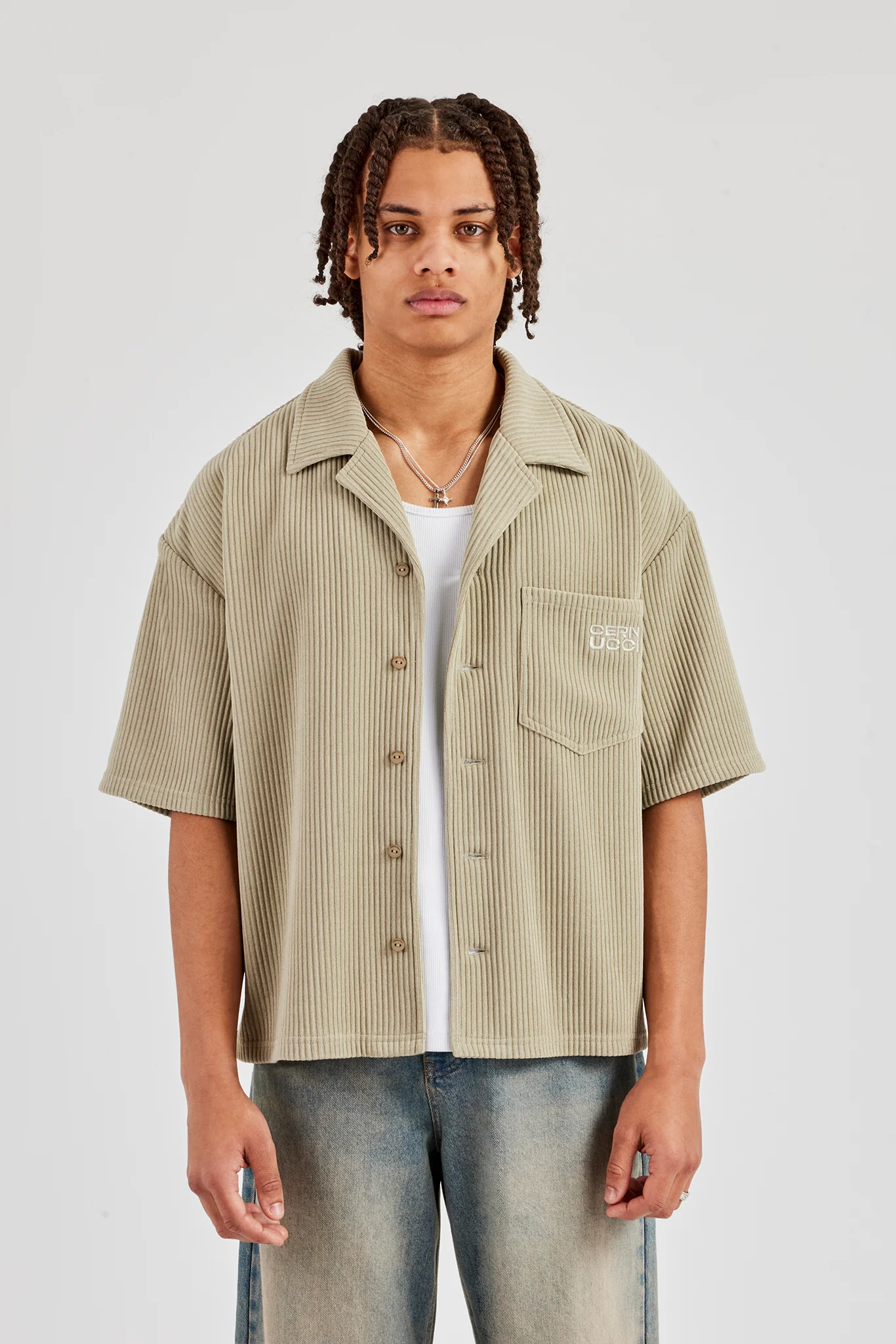 Cord Button Front Revere Shirt - Khaki - Image 2