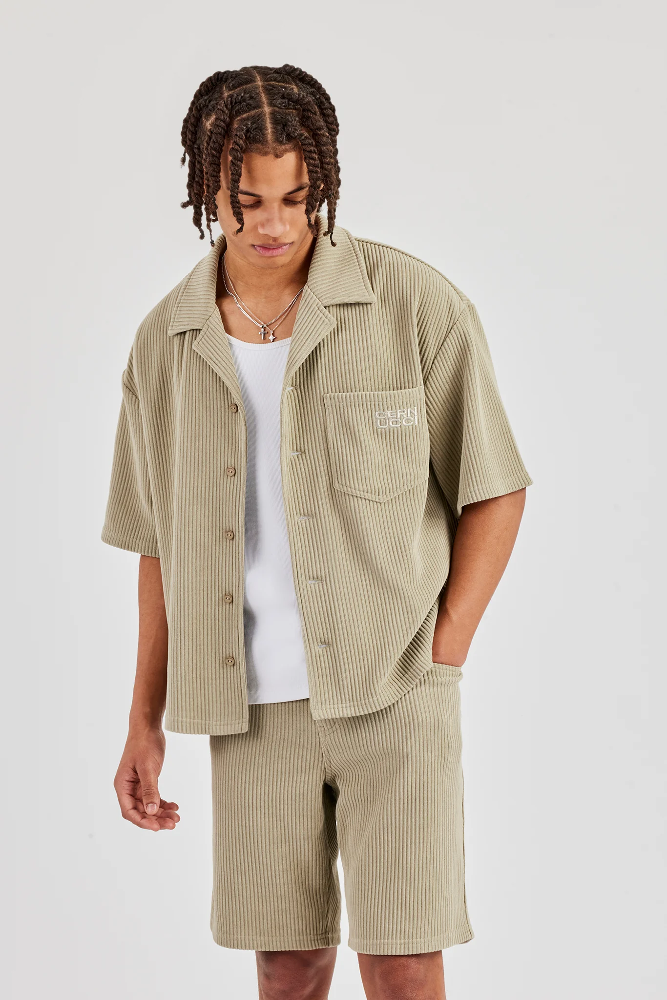 Cord Button Front Revere Shirt - Khaki - Image 3