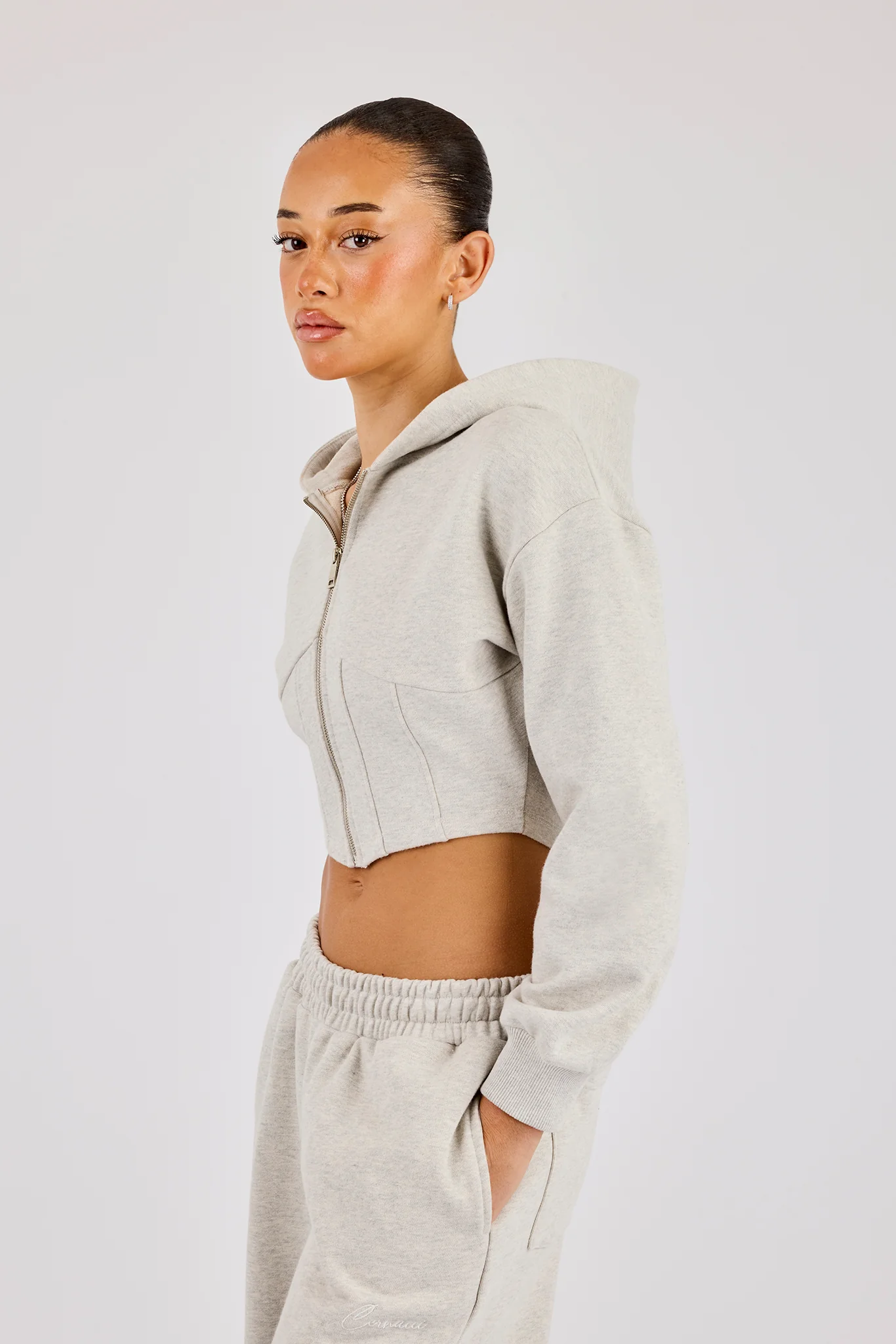 Corset Zip Through Hoodie & Super Baggy Wide Leg Jogger - Ash Grey - Image 4
