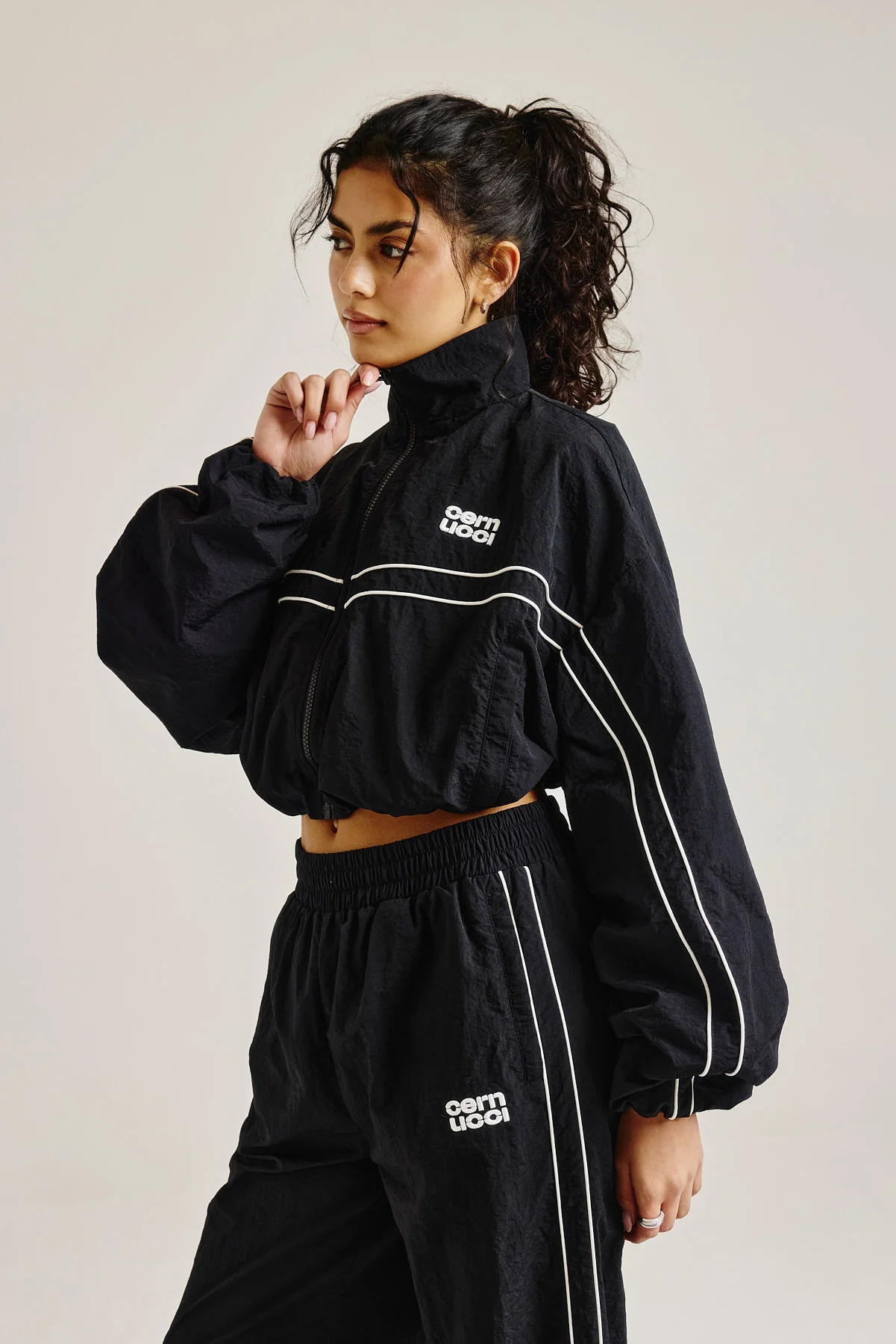 Crinkle Nylon Cropped Piping Track Jacket - Black - Image 2