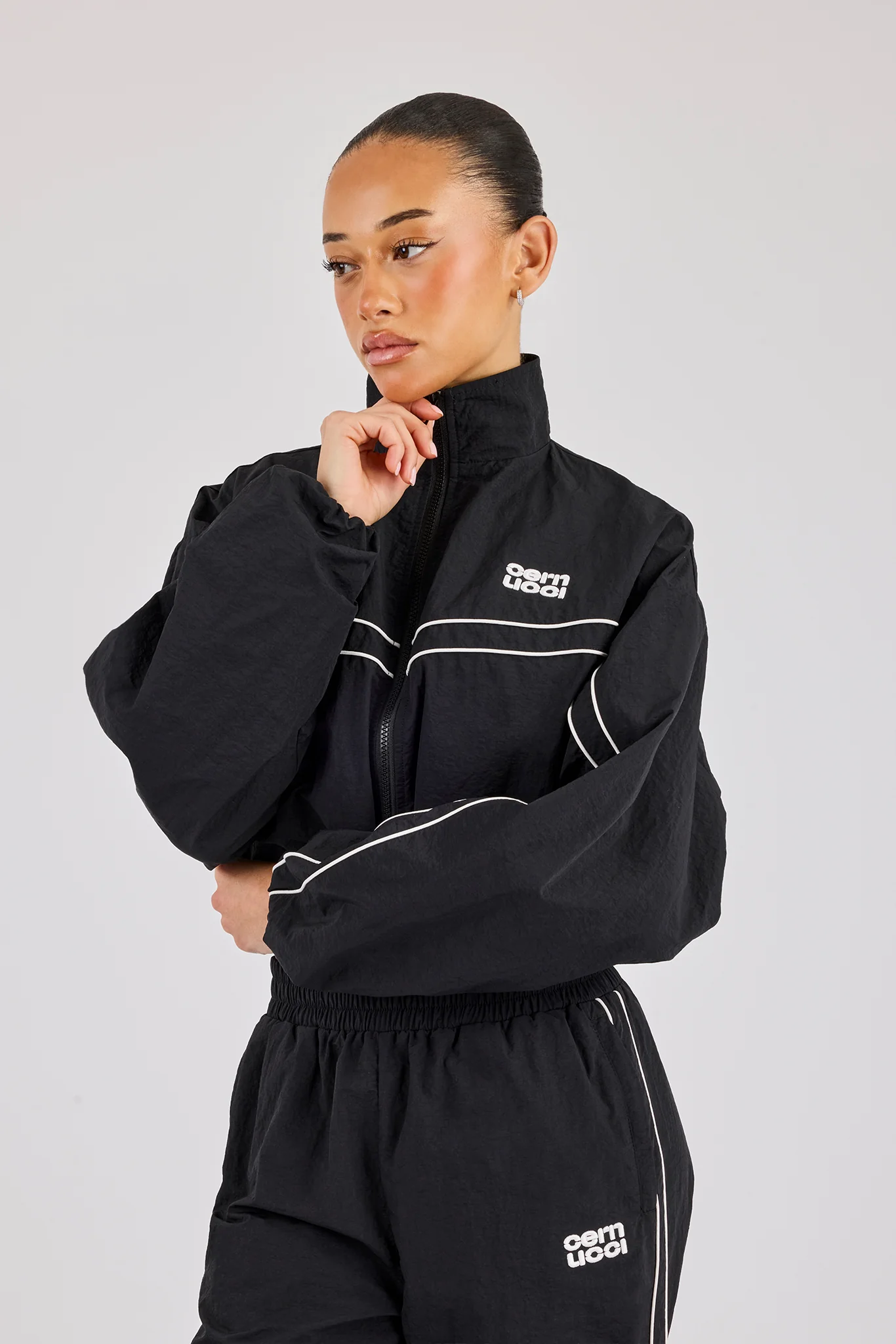 Crinkle Nylon Cropped Piping Track Jacket - Black - Image 3