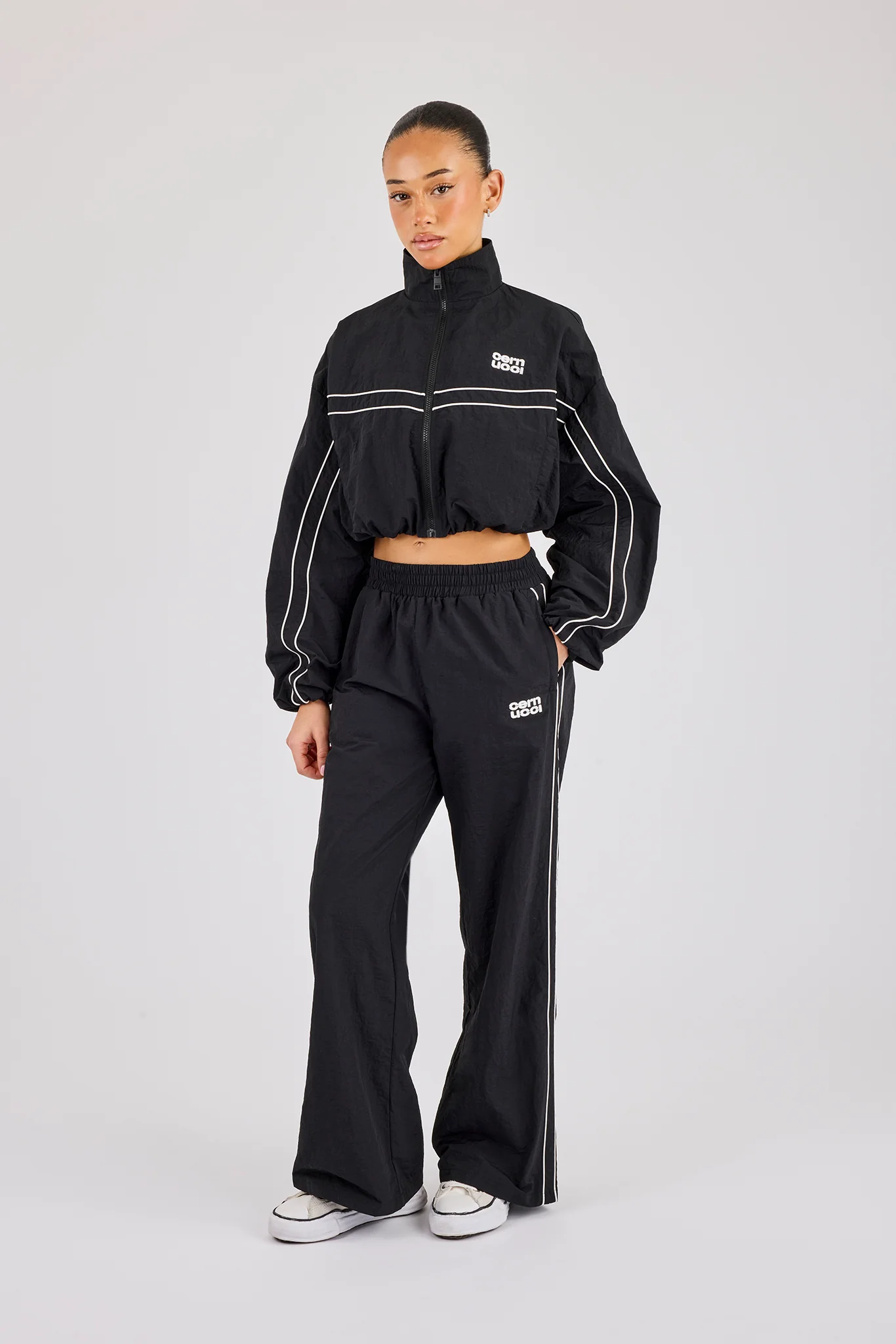 Crinkle Nylon Cropped Piping Track Jacket & Wide Leg Jogger - Black - Image 2